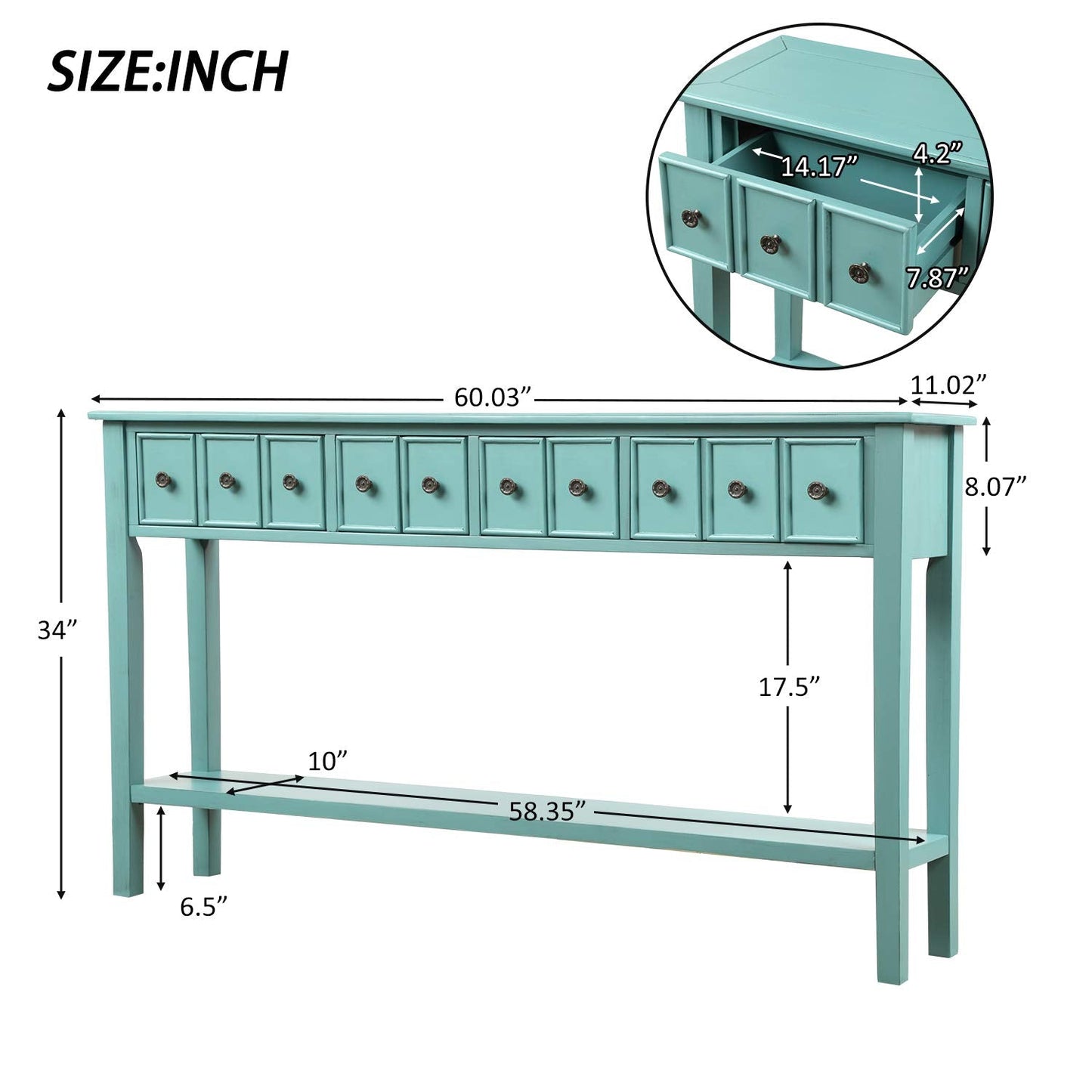 Merax Wood Farmhouse Entry Way Hallway Console Table with Drawers and Bottom Shelf Narrow Long Sidetable for Living Room Turquoise Green