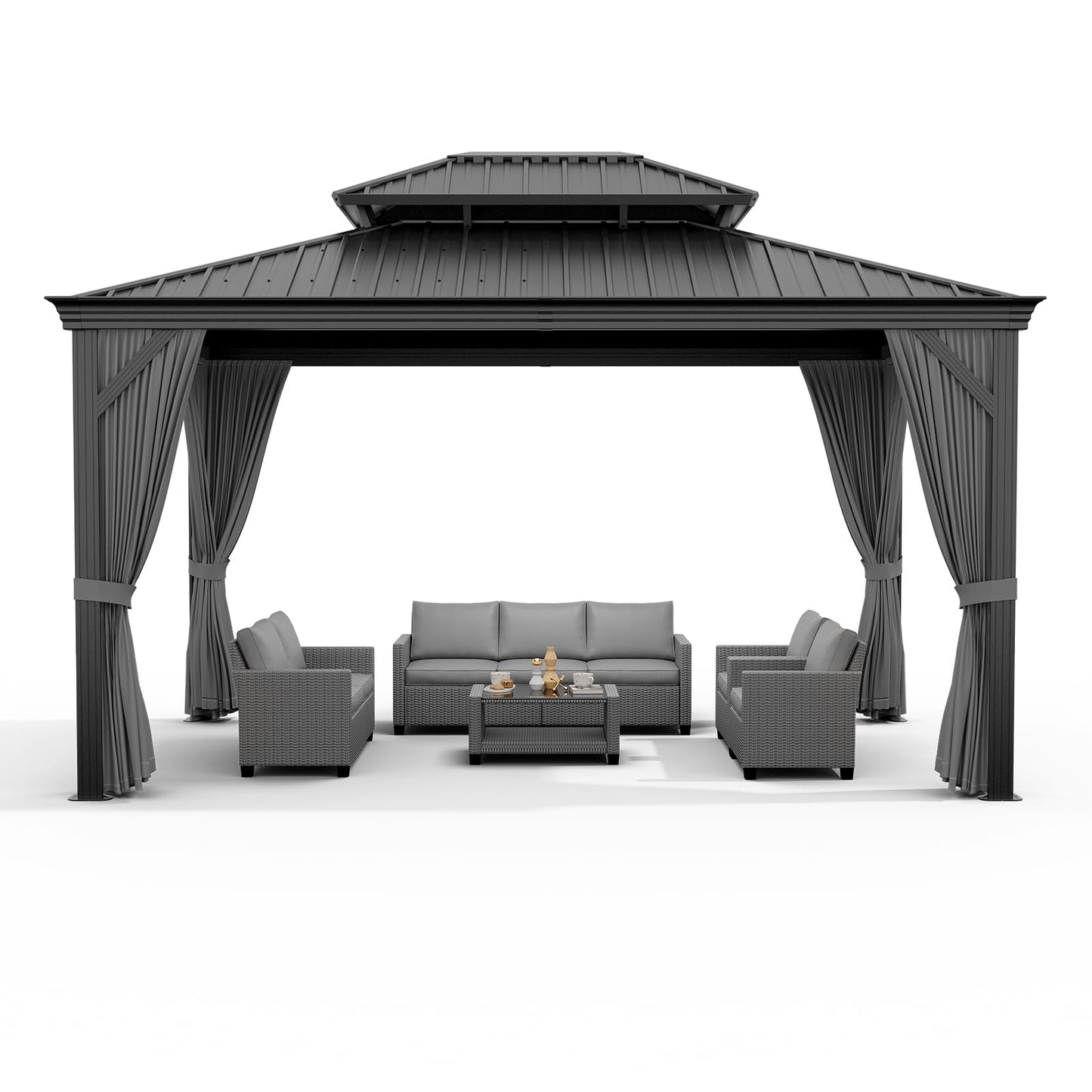 12'x16' Hardtop Gazebo, Heavy Duty Aluminum Permanent Hardtop Gazebo Outdoor Pavilion with Curtains and Netting for Garden