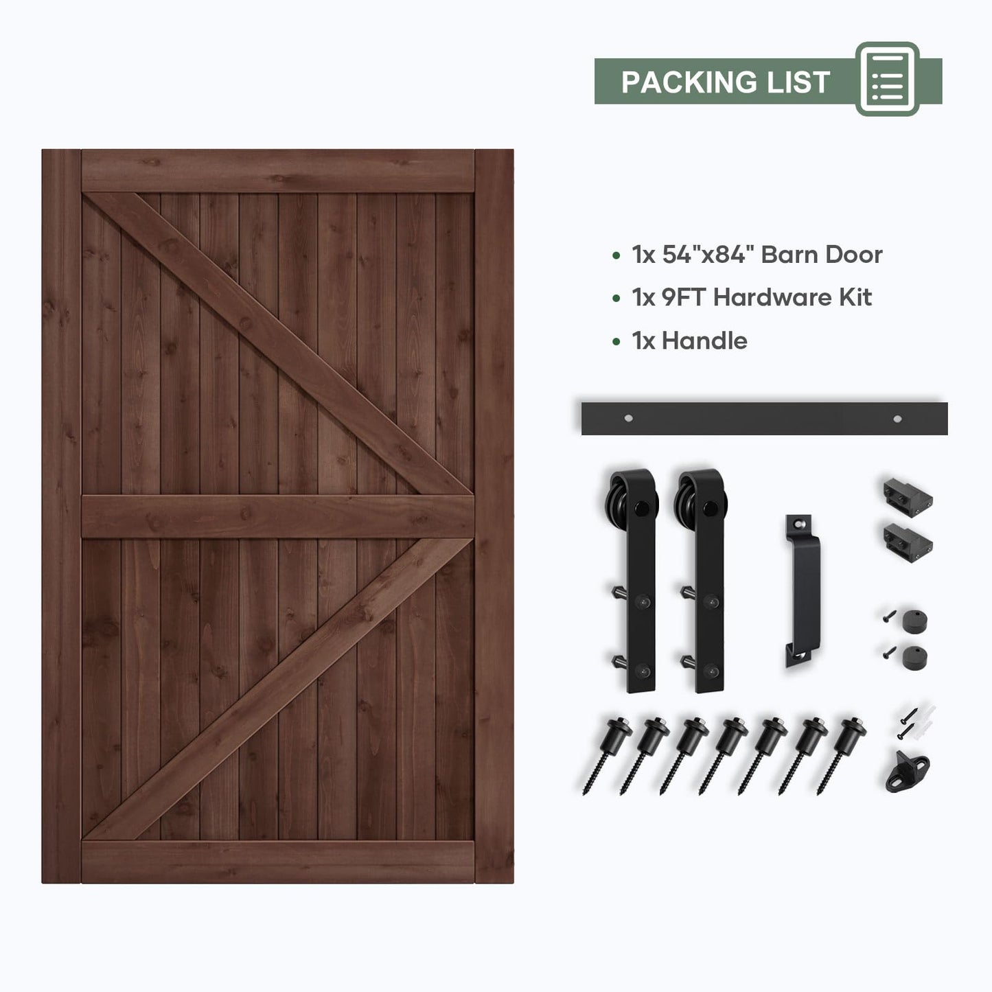 ROYMELO 54x84 inch Sliding Barn Wood Door Slab with 9ft Hardware Kit and Handle, Coffee, K Shape, Simple DIY Assembly