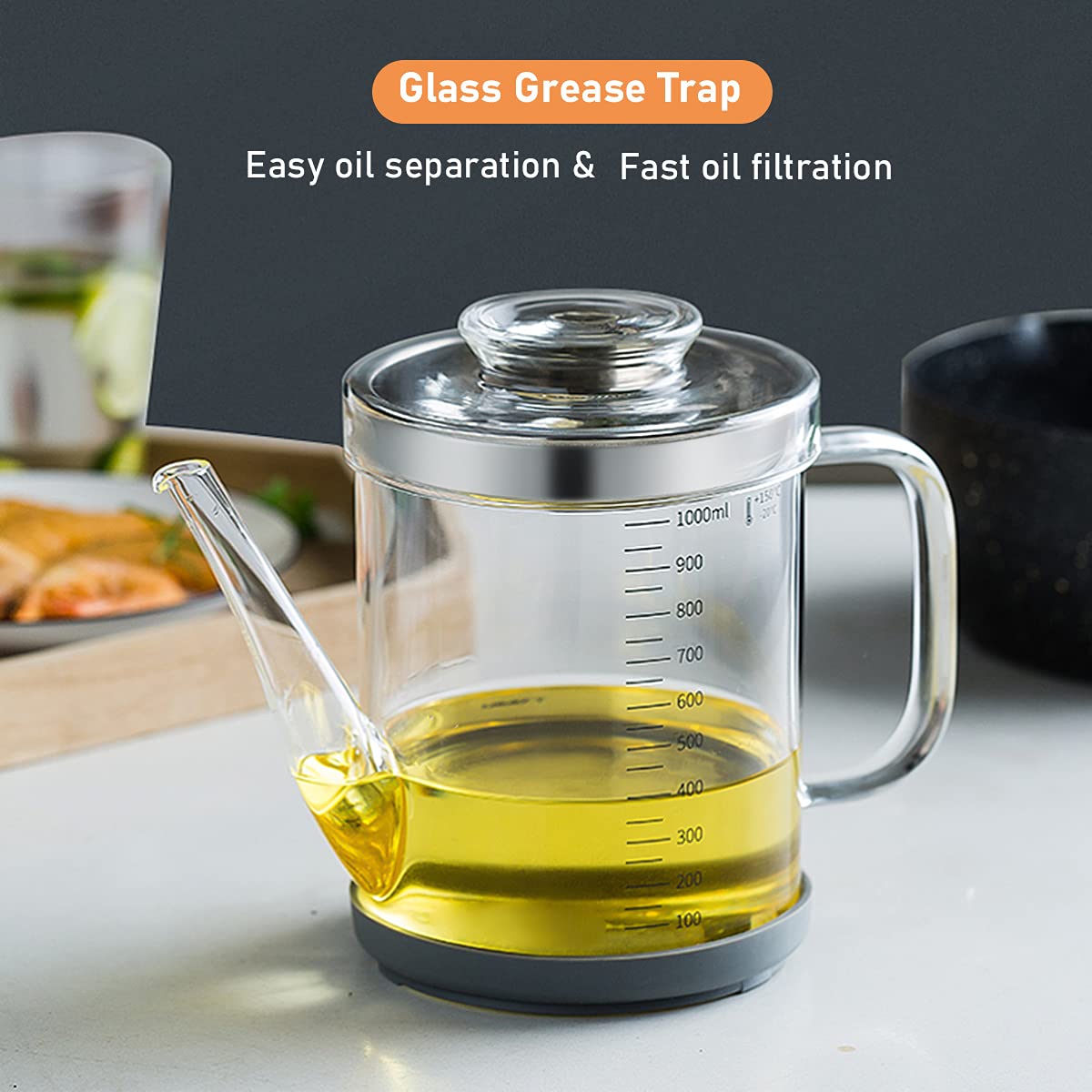 Home Servz Fat Separator,Cooking Gravy Strainer, with Stainless Steel Oil Strainer,1000ML Transparent Heat Resistant Glassware and Cover,Silicone Bottom Cover and Stopper