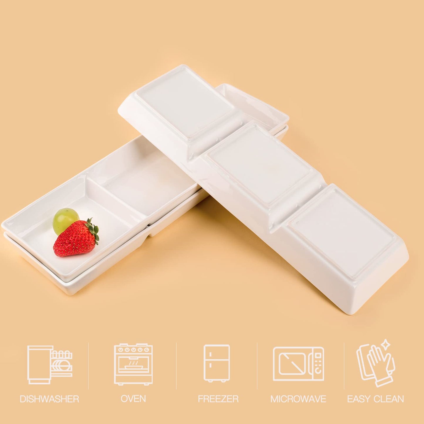 DELLING 16x5 Inch Ceramic 3-Section Serving Tray Set of 3, Stackable Divided Serving Platter - White Porcelain Appetizer Tray for Snack Food Dessert, Dishwasher Safe