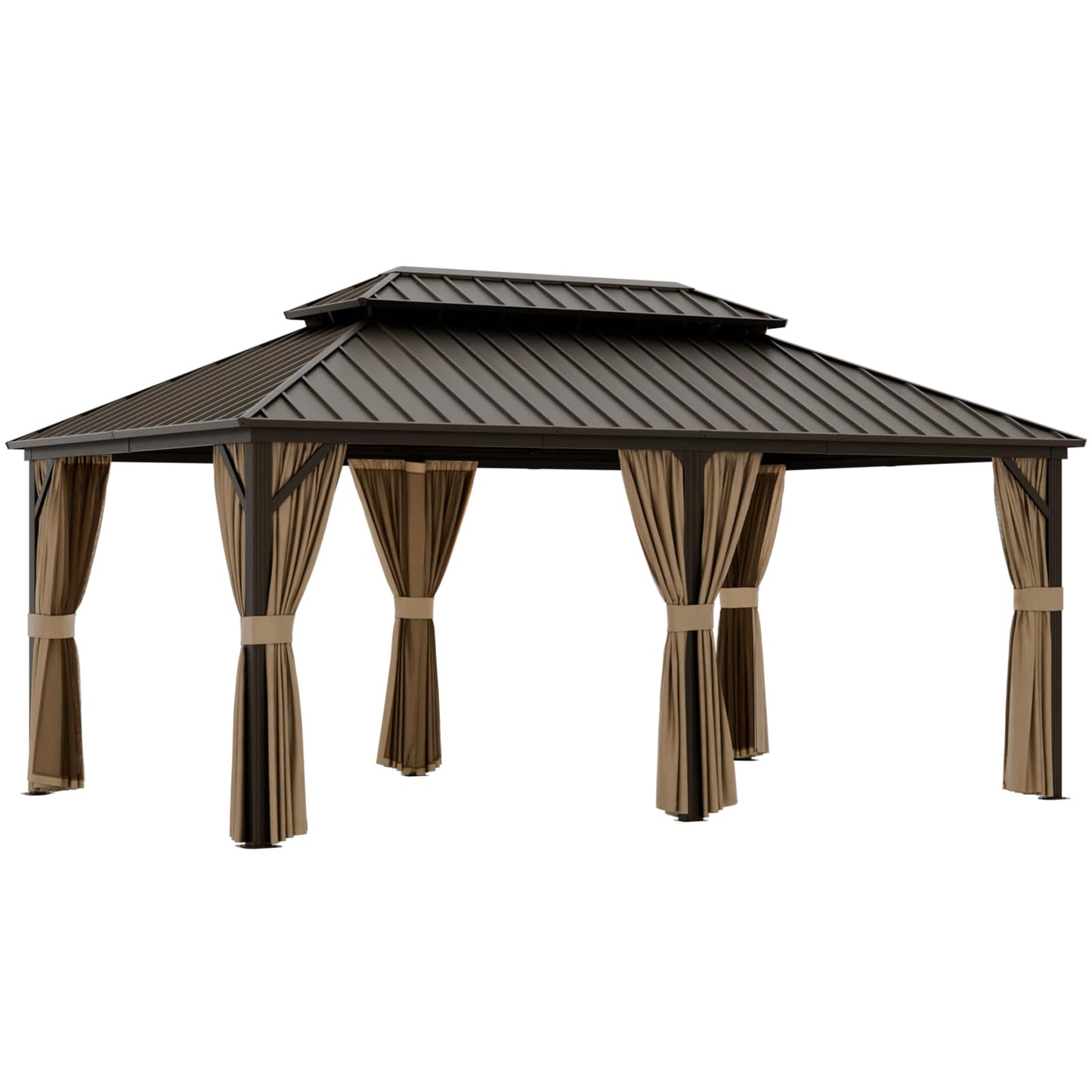 EAGLE PEAK 12x18 Hardtop Gazebo, Galvanized Steel Double Roof with Aluminum Frame, Outdoor Pavilion with Netting and Curtains for Patio, Deck, Lawn and Garden, Dark Brown/Tan