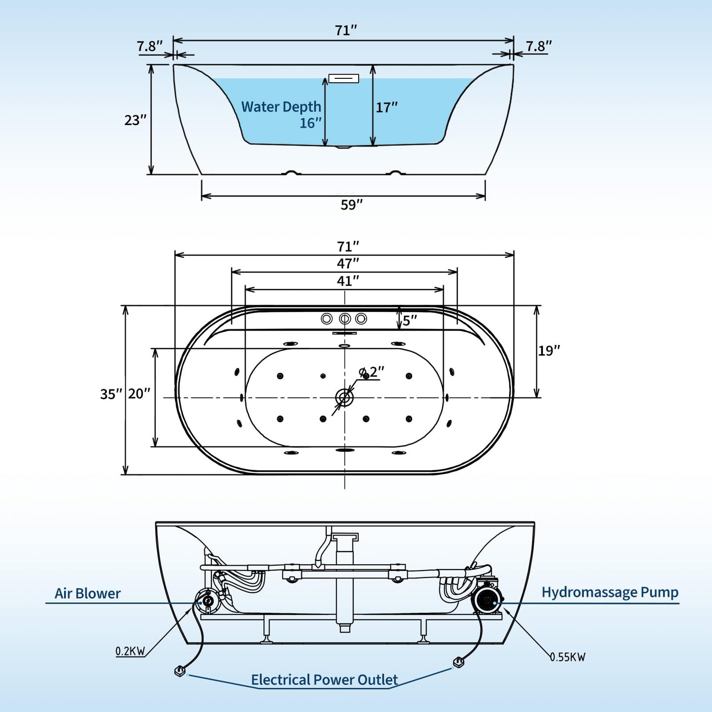 Jet Massage Freestanding Bathtub 71 inch Acrylic Soaking Tub with Bubble Jets and Manual Air Adjustment, Home Spa Bath for Relaxing Deep Water Massage