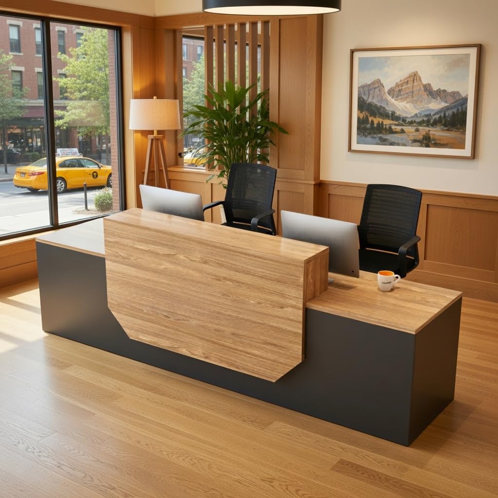 Modern Reception Desk with Counter,Large Front Desk L Shaped Reception Counter with 2 Lockable Drawers and 2 Mobile Storage Cabinets,Receptionist Desks for Office,Salon,or Retail, Checkout Counter