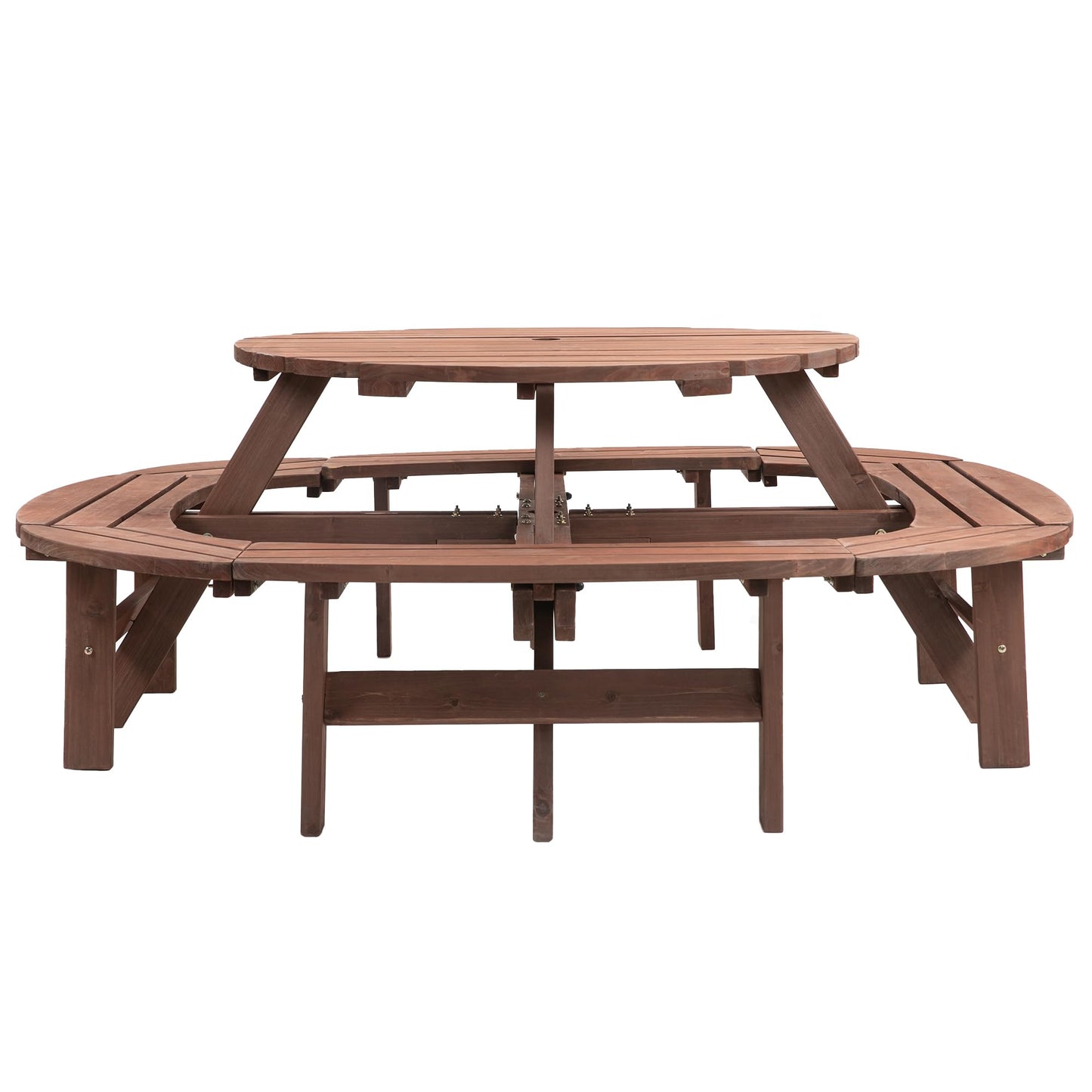10-12 Person Round Outdoor Wooden Picnic Table with 1.97" Umbrella Hole, 70 Inch Heavy Duty Circular Backyard Patio Garden Table for Large Family Gathering, Rustic Fir Wood Dining Set, Walnut Brown