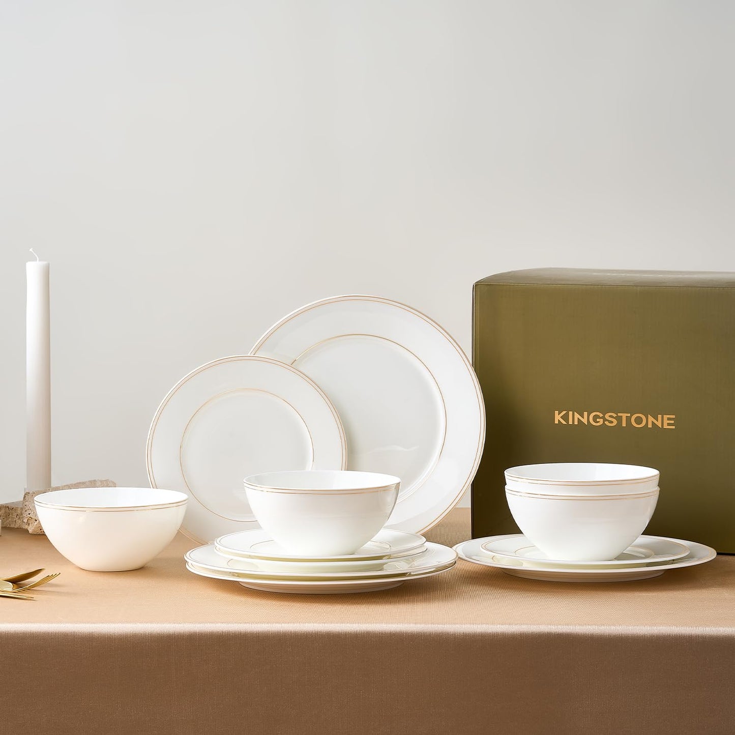 KINGSTONE Bone China Dinnerware Sets, 24-Piece Dishes Set for 8, Elegant Gold Trim Ceramic Plates & Bowls, Luxury Gift, Lightweight Translucent Dishware for Family Dining, Festival Banquet & Party