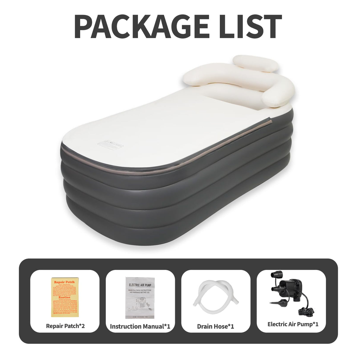 Crossing King Inflatable Bathtub, Portable Bathtub Adult with Electric Air Pump, Freestanding Foldable Spa Tub with Backrest Cup Holder for Indoor Outdoor, Easy to Inflate&Drain (Gray)