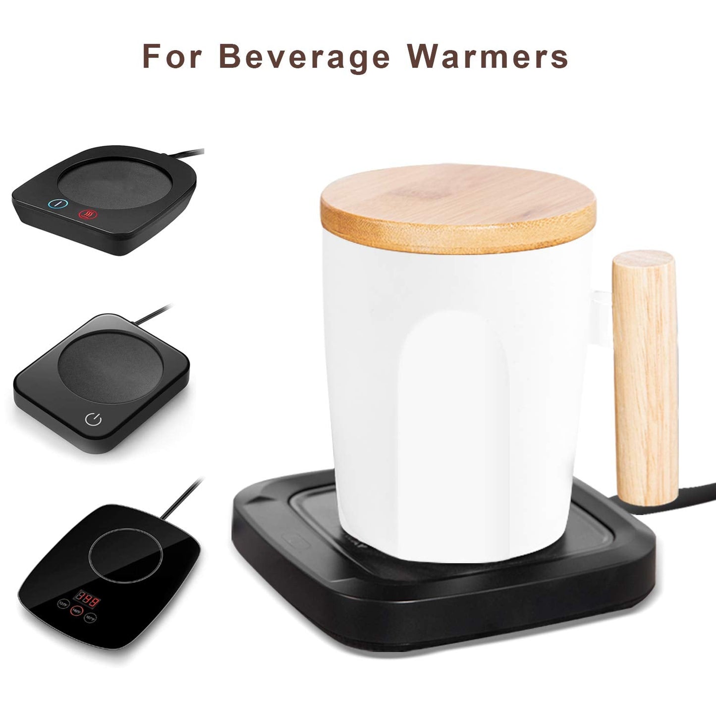 HOWAY Flat Bottom Mug with Wood Lid, Ceramic Tea Cup for Coffee Warmer, Universal, Flat Bottomed, Wooden Handle, 14oz