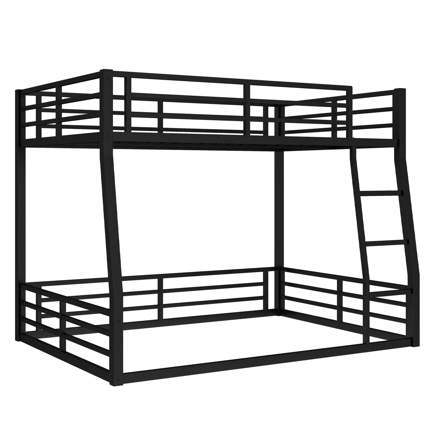 Full XL Over Queen Bunk Bed Frame with Noise Reduced Design, Heavy Buty Floor Bunk Bed Full XL Over Queen Bunk Beds with Build in Ladder for Adults, Teens(Black Floor Bunk Bed)