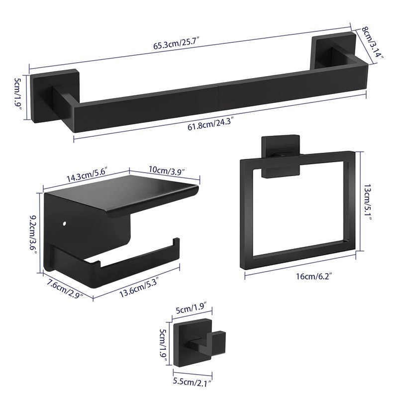 24 Inch Bathroom Hardware Set, 5-Pieces Matte Black Bathroom Accessories Set, Stainless Steel Towel Rack Set, Towel Bar, Towel Hooks, Updated Toilet Paper Holder with Shelf Wall Mounted