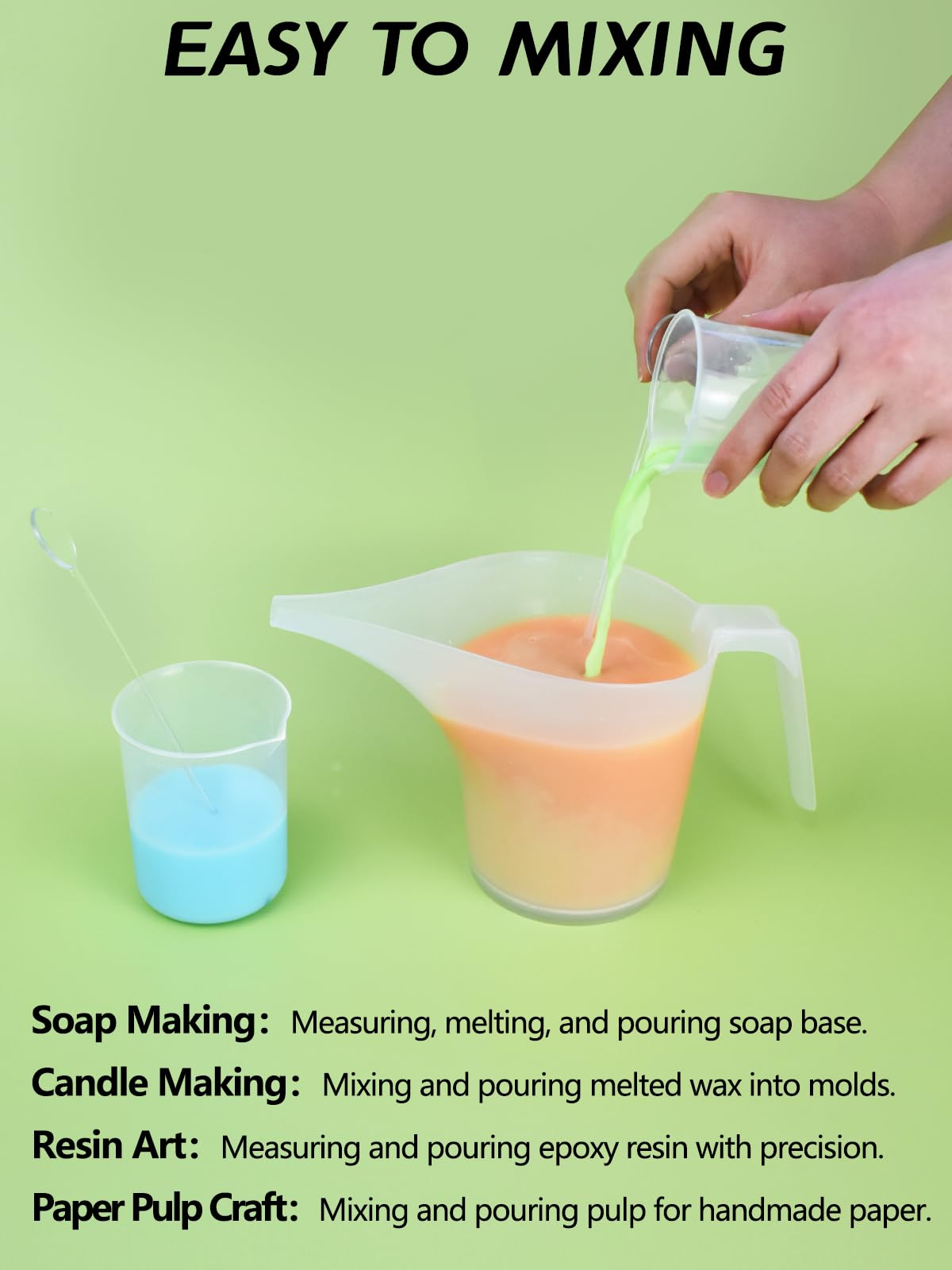 Artcome Funnel Pitcher Set - 4 Pack, 1000ml Plastic Measuring Pitchers with Funnels, 4 Stirring Rods, and 15 Small Measuring Cups for Soap Making, Resin Casting, Baking, and DIY Crafts