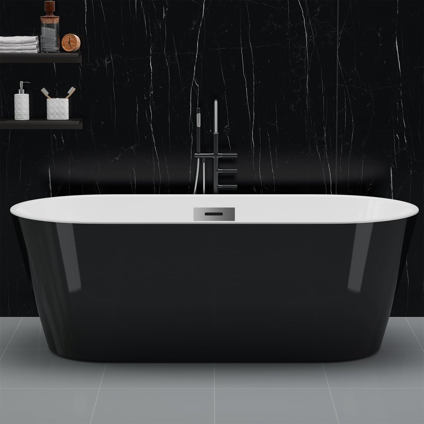 67'' Freestanding Bathtub, Deep Soaking Tub with Non-Slip Base, Acrylic, cUPC Certified Free Standing Tub, Chrome Drain Bath Tub, Modern Tub for Bathrooms, Black