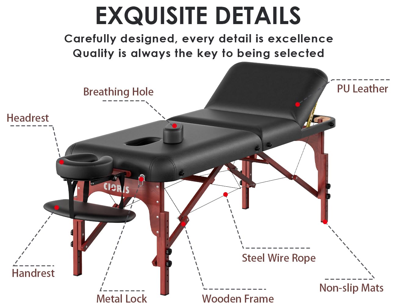 CLORIS 84" Professional Massage Table Portable 3 Folding Lightweight Facial Salon Spa Tattoo Bed Height Adjustable with Carrying Bag & Wooden Leg Hold Up to 1100LBS