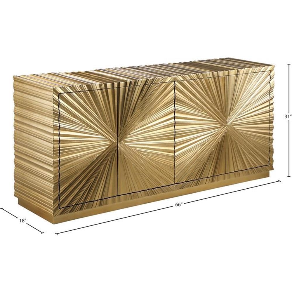 Meridian Furniture Golda Collection Modern | Contemporary Gold Leaf Sideboard/Buffet with Intricate Hand Carved Starburst Design, 66" W x 18" D x 31" H