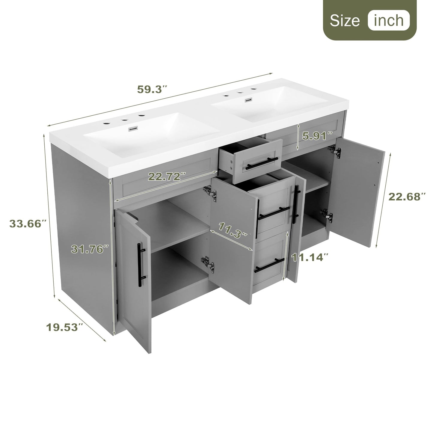 Merax Modern 59.3'' Large Bathroom Vanity with Double Sink Combo, Wood Bathroom Storage Cabinet with Soft Close Door & 3 Drawers, Vanities Set, Space Saving, Gray