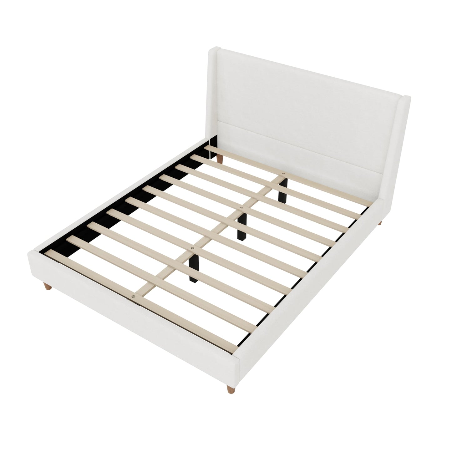Merax Solid Wood Queen Size Boucle Bed Frame with Wingback Headboard, Modern Upholstered Platform with Walnut Wooden Legs, Strong Wooden Slats, No Box Spring Needed, Easy Assembly, Noise-Free, Ivory