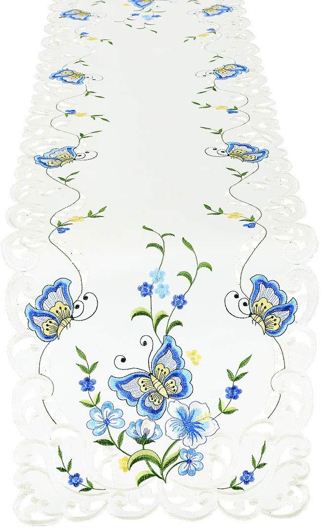 Simhomsen Spring Butterfly and Floral Table Runners, Dresser Scarf - Blue, 14 × 90 Inch