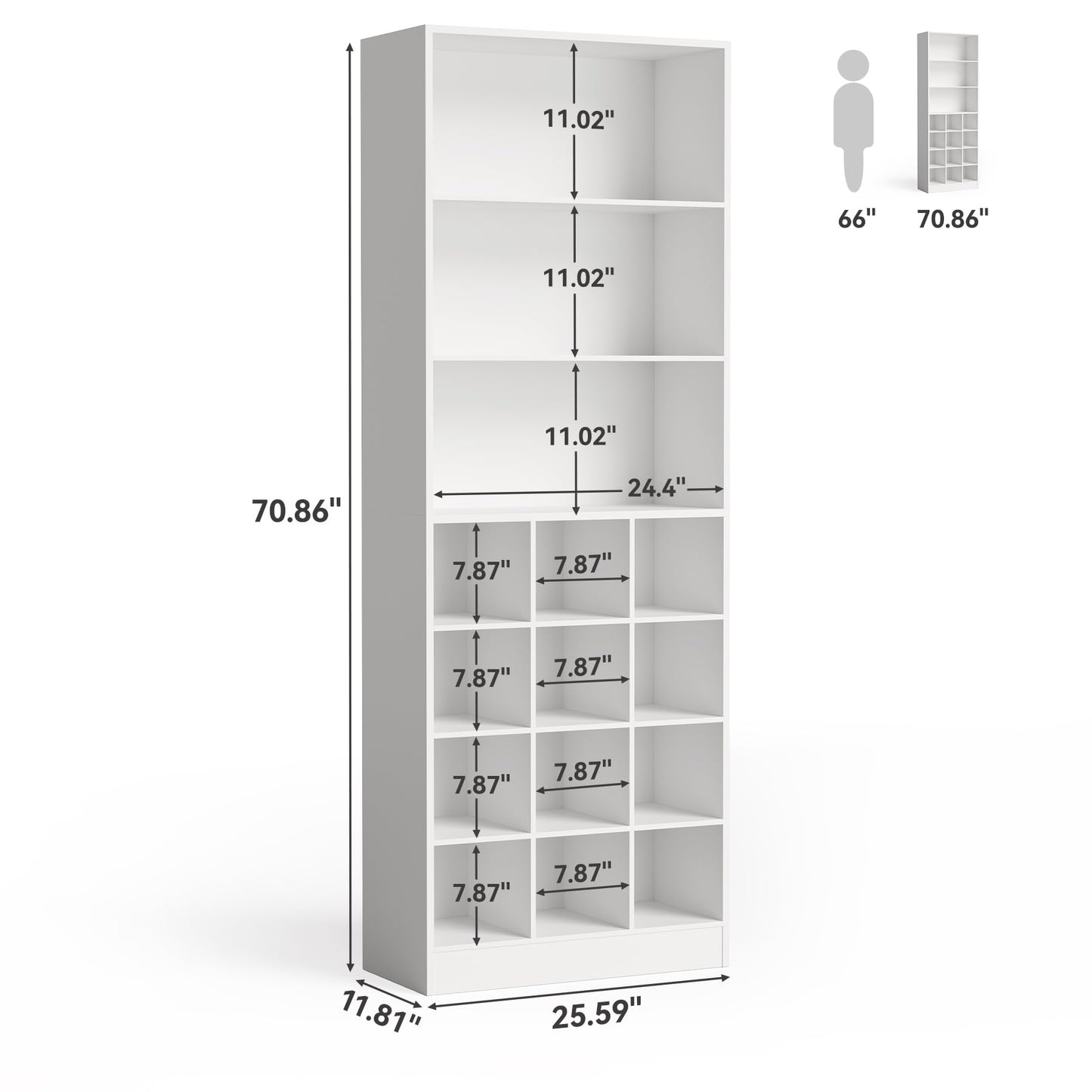 LITTLE TREE Tall Shoe Cabinet, Free Standing 24-Pair Organizer, 7-Tier Shelf + Side Hooks, Space-Saving Storage for Entryway, Hallway, for Shoes, Boots & Accessories, (2, White)