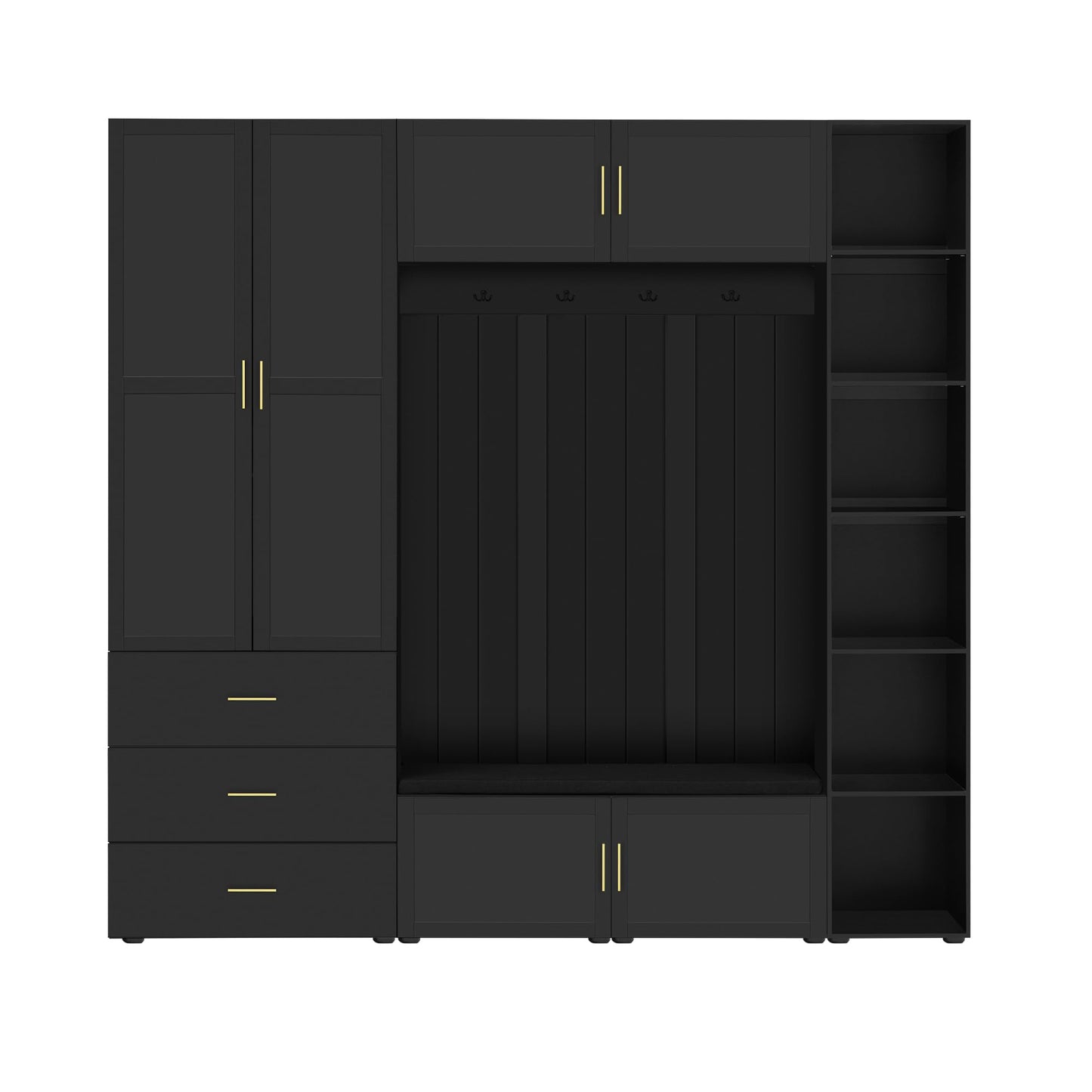 Amposei 94.49’’W Extra Large Hall Tree Cabinet with 6 Doors & 3 Drawers, Tall Entryway Organizer Shoe Storage Bench with 4 Coat Hooks & 6 Open Cubbies for Hallway Mudroom Living Room, Black