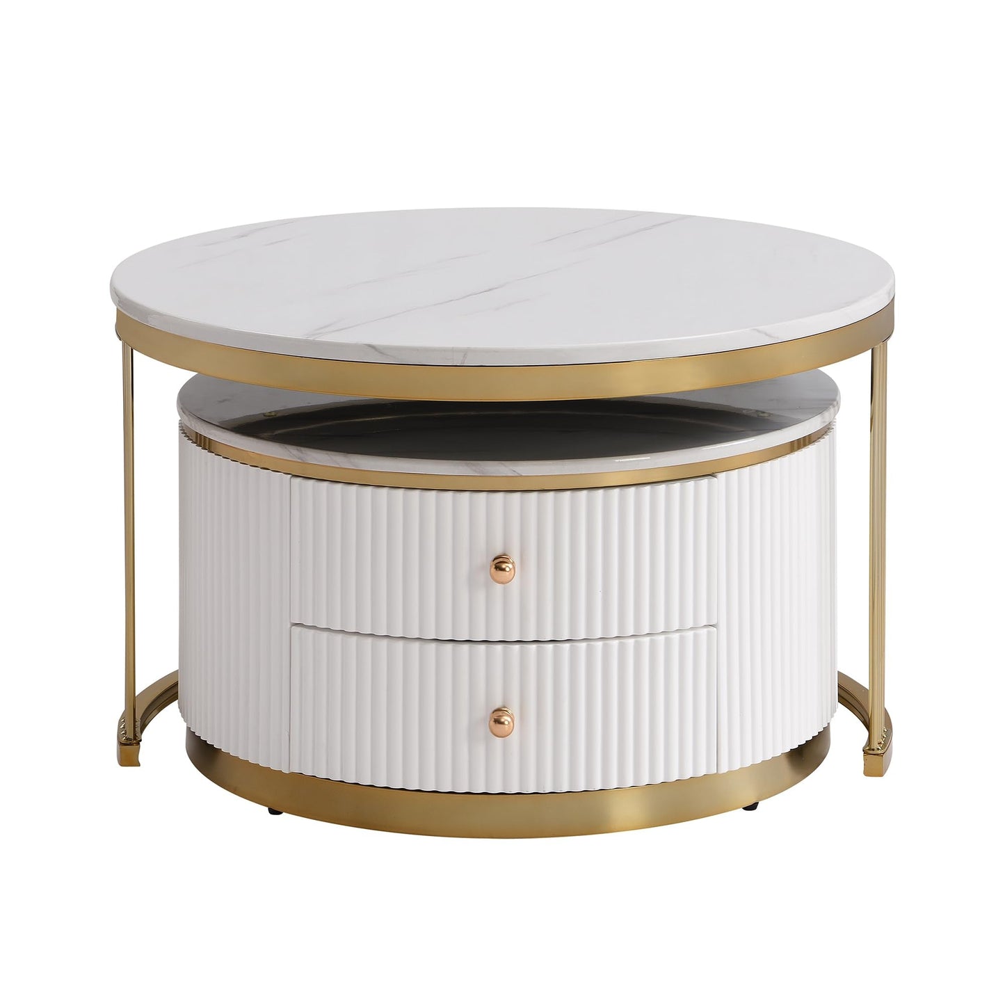 Merax 27.6'' Round Nesting Coffee Table, Modern with 2 Large Drawers Storage, Gold Finish End Tables for Living Room Apartment, Gold+White