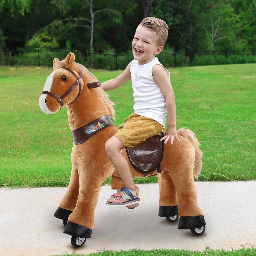 WondeRides Ride on Horse Pony Cycle Riding Horse Toy Size 4 for Age 4-9 M445, 36 Inch Height Riding Pony Ride Plush Giddy up Rocking Mechanical Walking Animal with Wheels No Battery for Child Kids