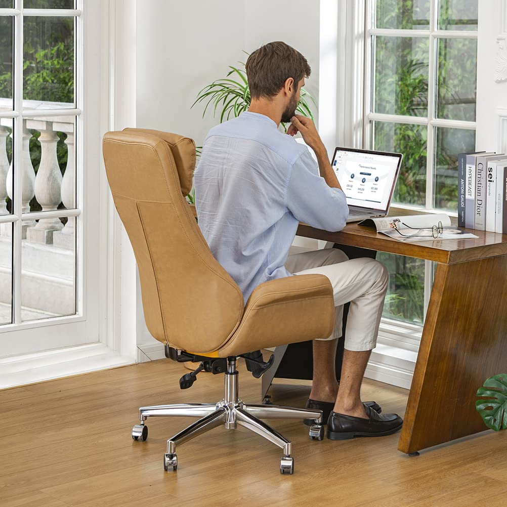 Glitzhome Modern Executive Office Chair, High Back PU Leather Ergonomic Computer Desk Chair, Adjustable Height Swivel Office Task Chair with Lumbar Back Support (Camel)