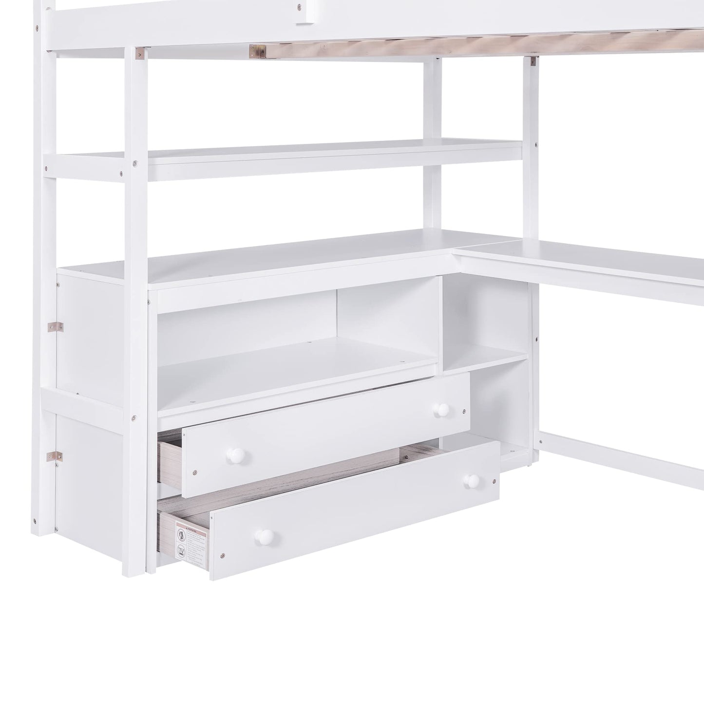 Brisca Full Size Loft Bed with Desk and Shelves,Multifunctionl Bedroom Bed Frame w/Two Built-in Drawers & Storage Staircase,Solid Wood Slats Support,for Kid Adult Boy Girl Teens,White