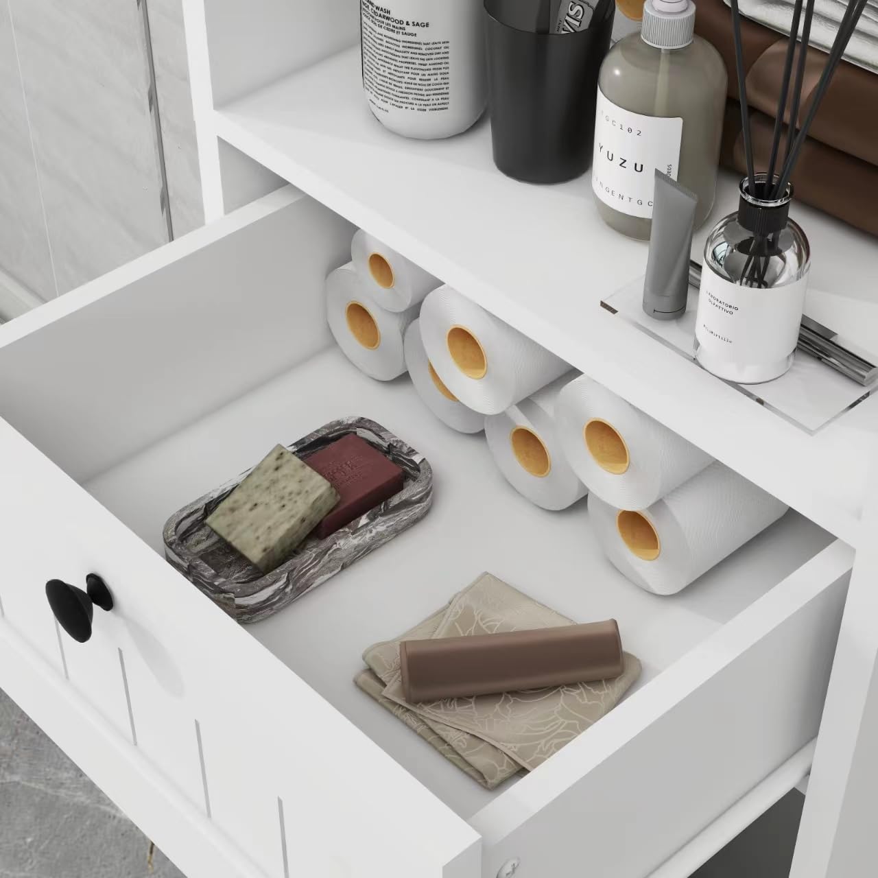 One Compartment One Drawer Tilt Out Laundry Sorter Cabinet White