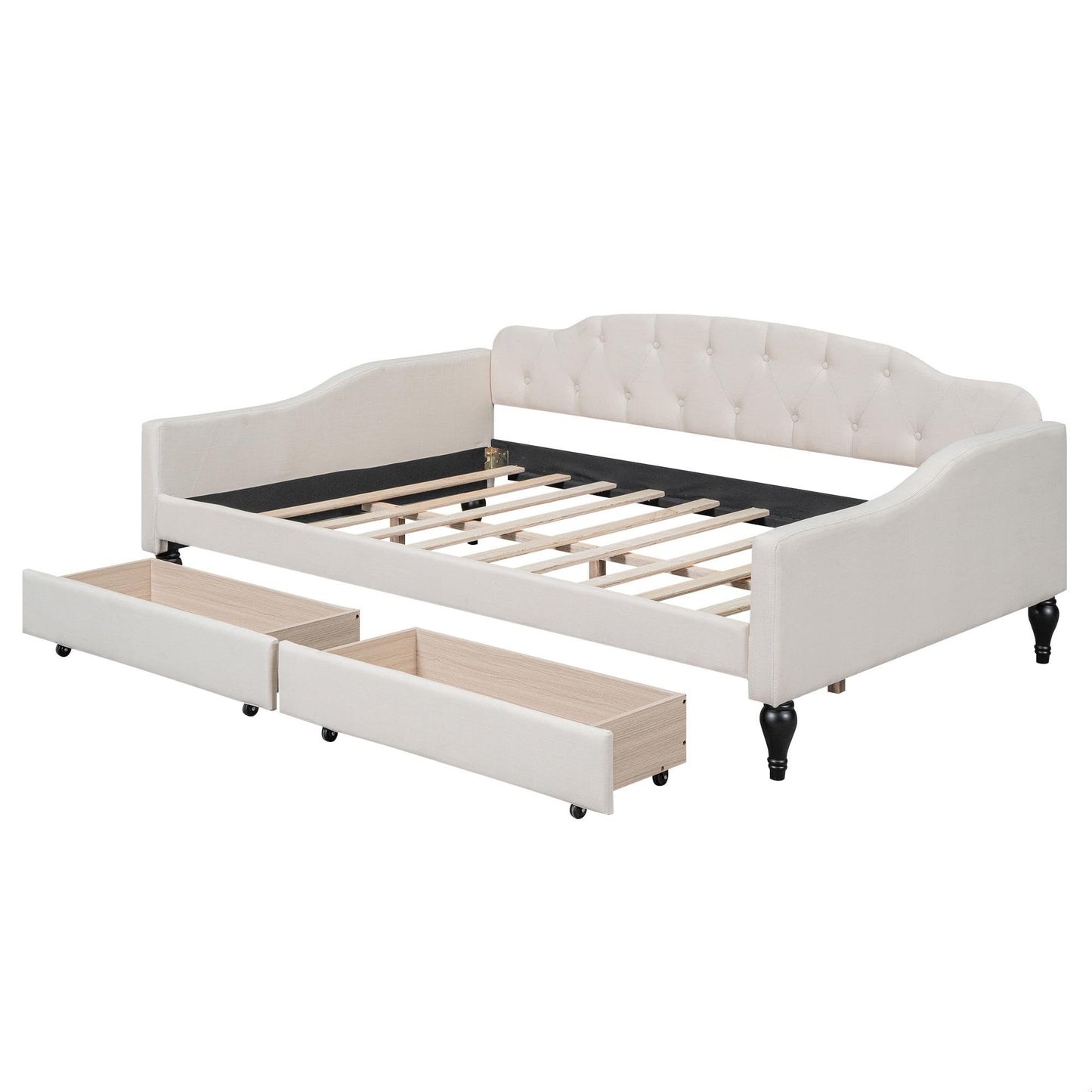 GDFStudio Full Size Upholstered Tufted Daybed with Two Storage Drawers – Linen Fabric, Solid Wood Frame, Space-Saving Design, Beige