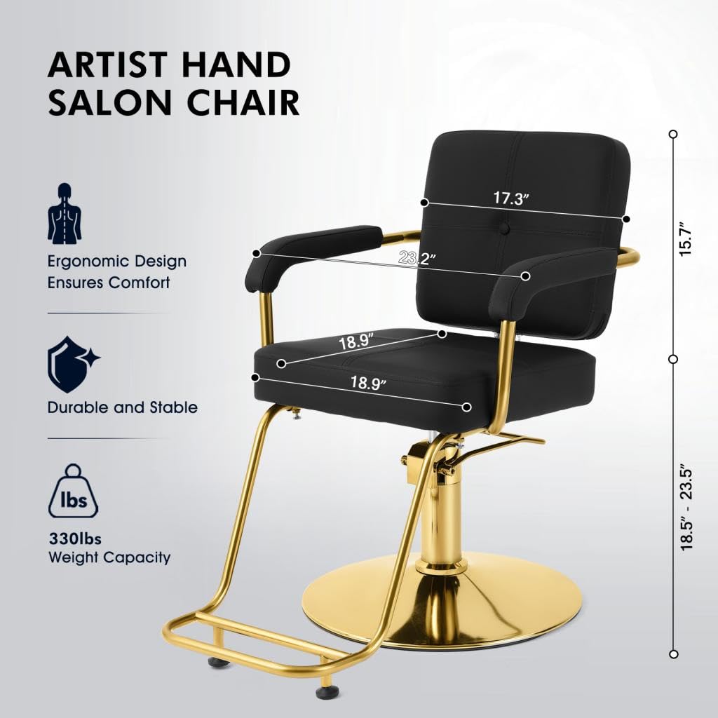 Artist hand Black and Gold Salon Chair, Professional Hair Stylist Chair with Heavy Duty Hydraulic Pump, 360 Degree Swivel Styling Chair, Beauty Salon Equipment, Load Capacity 330 lbs