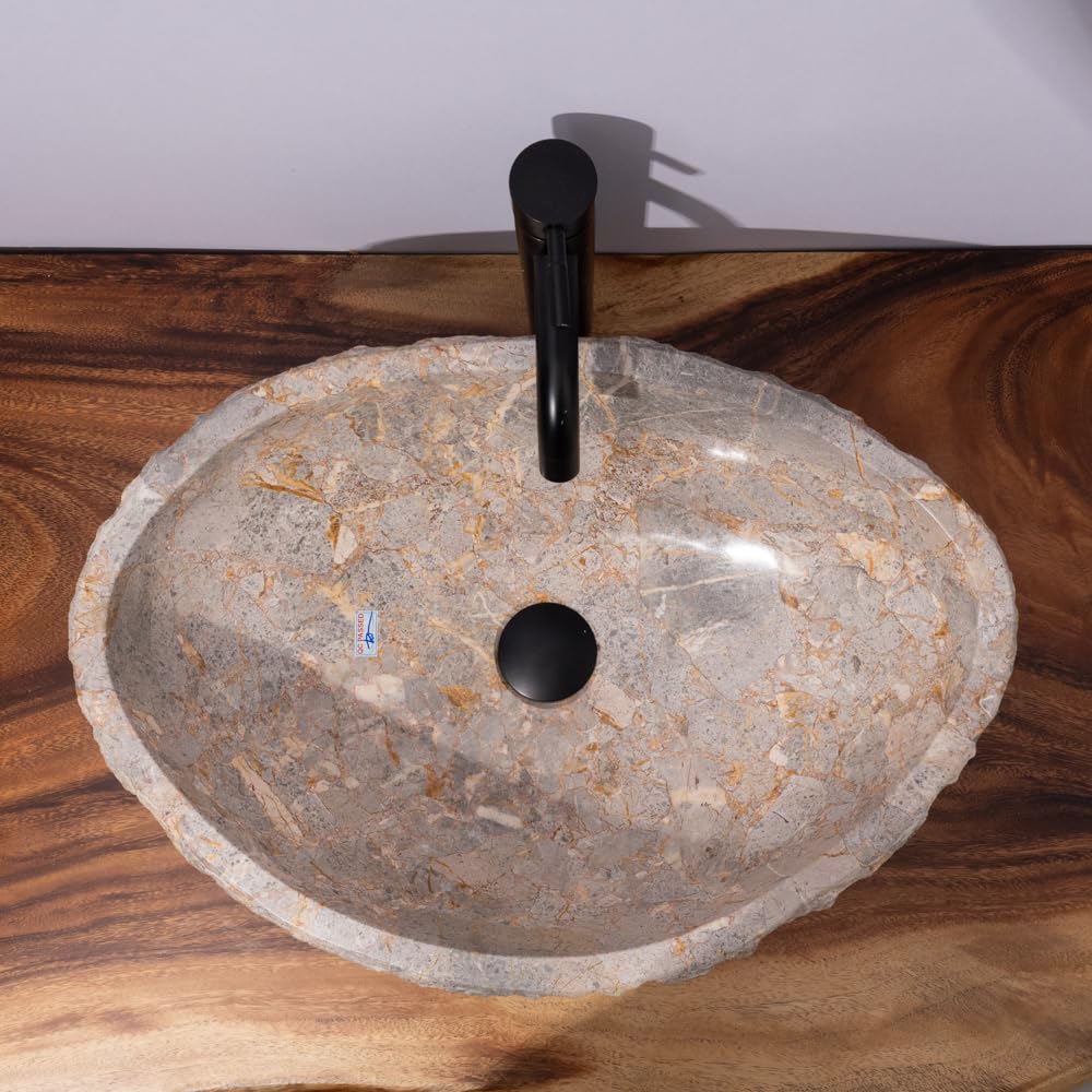 Organic Freeform Hand-Carved Marble Vessel Sink – Stone Vessel Sink with Chiseled Exterior & Natural Gold Veining – One-of-a-Kind Rustic Luxury Bathroom Sink