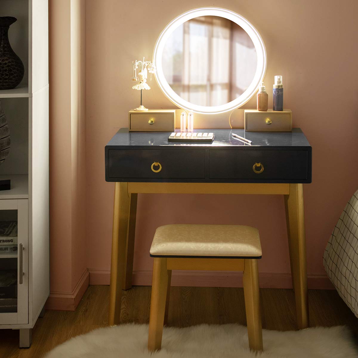 AUGESTER Vanity Set Touch LED Mirror, Dressing Table w/ Brightness Adjustable & 3 Hues Mirror, 4 Sliding Drawers, Well-Padded Stool, Modern Bedroom Makeup Vanity Set Women Girls, Black,white,navy