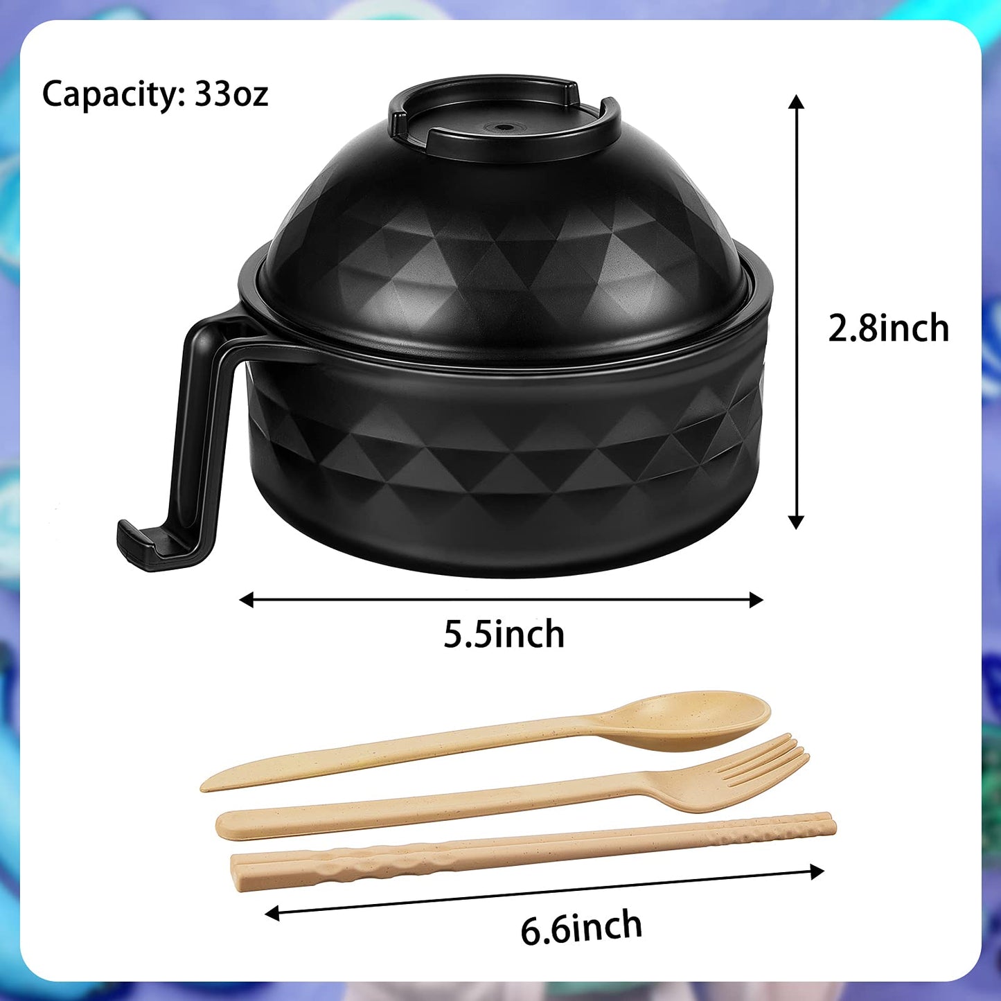 Romooa 2 Sets Microwave Ramen Cooker Bowl Set with Spoon Chopsticks Fork Wheat Fiber Instant Noodle Bowl with Handles Ramen Kit for College Dorm Room Apartment Essentials