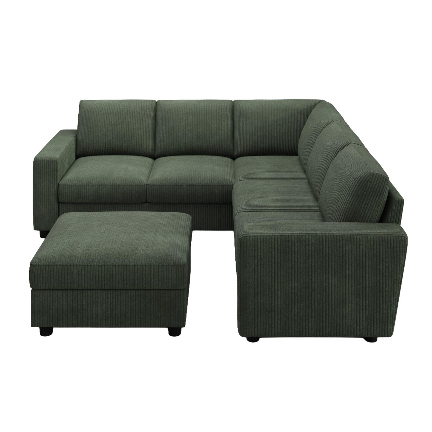 HONBAY Corduroy Sectional Sofa, 80 Inch 6 Seats L Shaped Couch with Ottoman for Living Room, Green