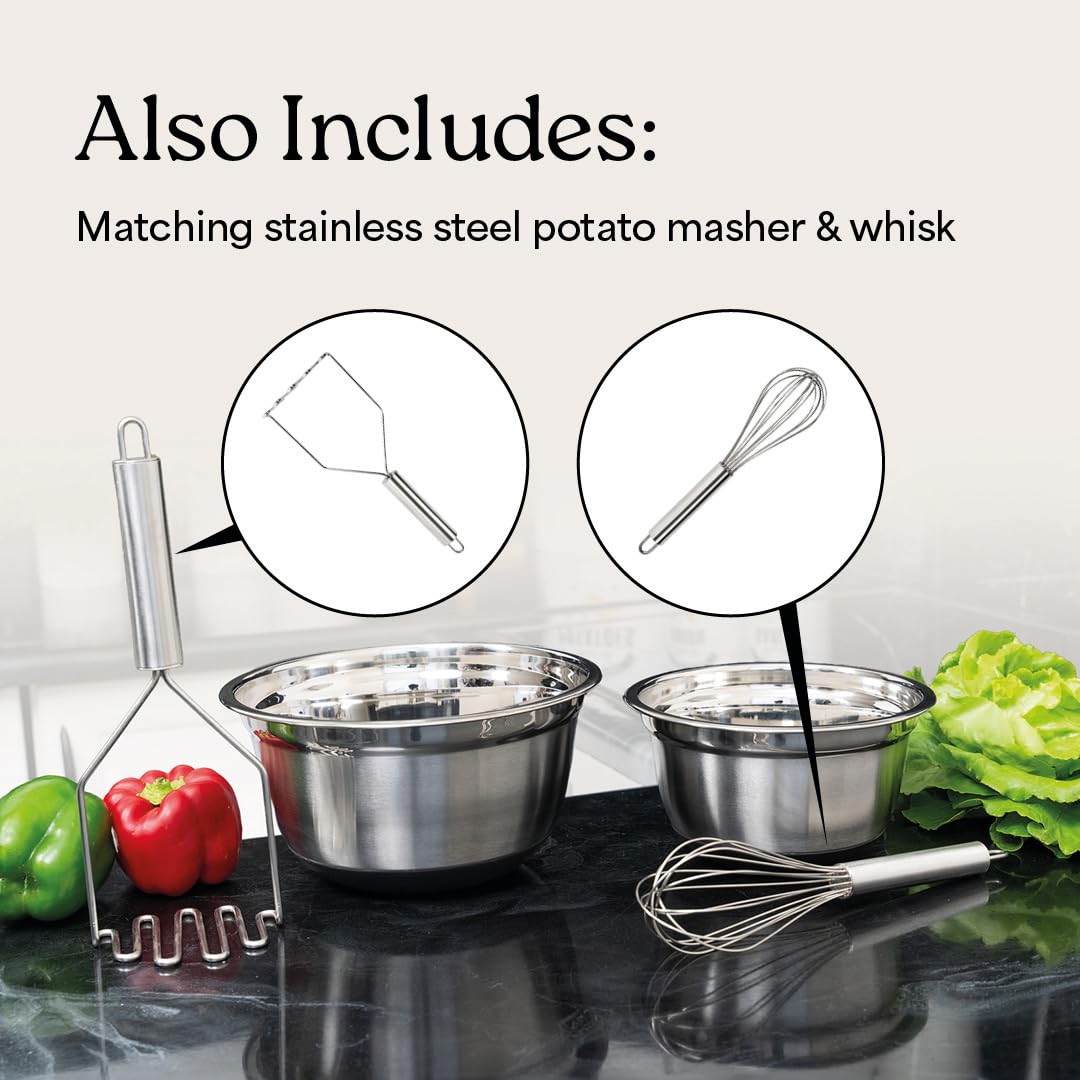 WHYSKO Stainless Steel Mixing Bowls with Lids Set - 5 Rustproof Metal Nesting Mixing Bowls for Kitchen, Meal Prep, Baking, Cooking, Storage - Includes 3 Grater Attachments, Dishwasher Safe