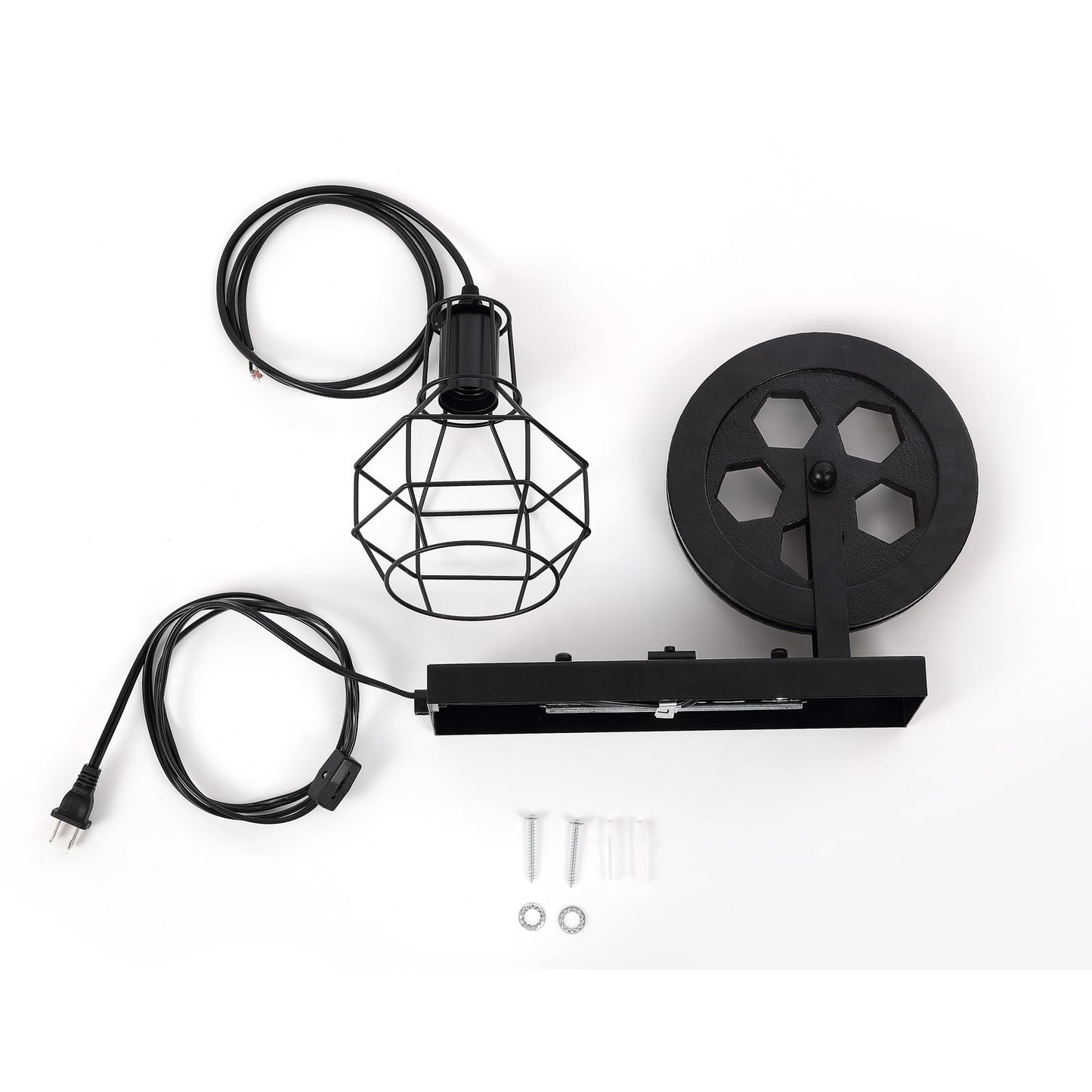 BAODEN Plug in Wall Sconce Rustic Wall Light Lift Pulley Matte Iron Cage Shade Metal Black Industrial Mid Century Wall Lamp Indoor Lighting Barn Restaurant