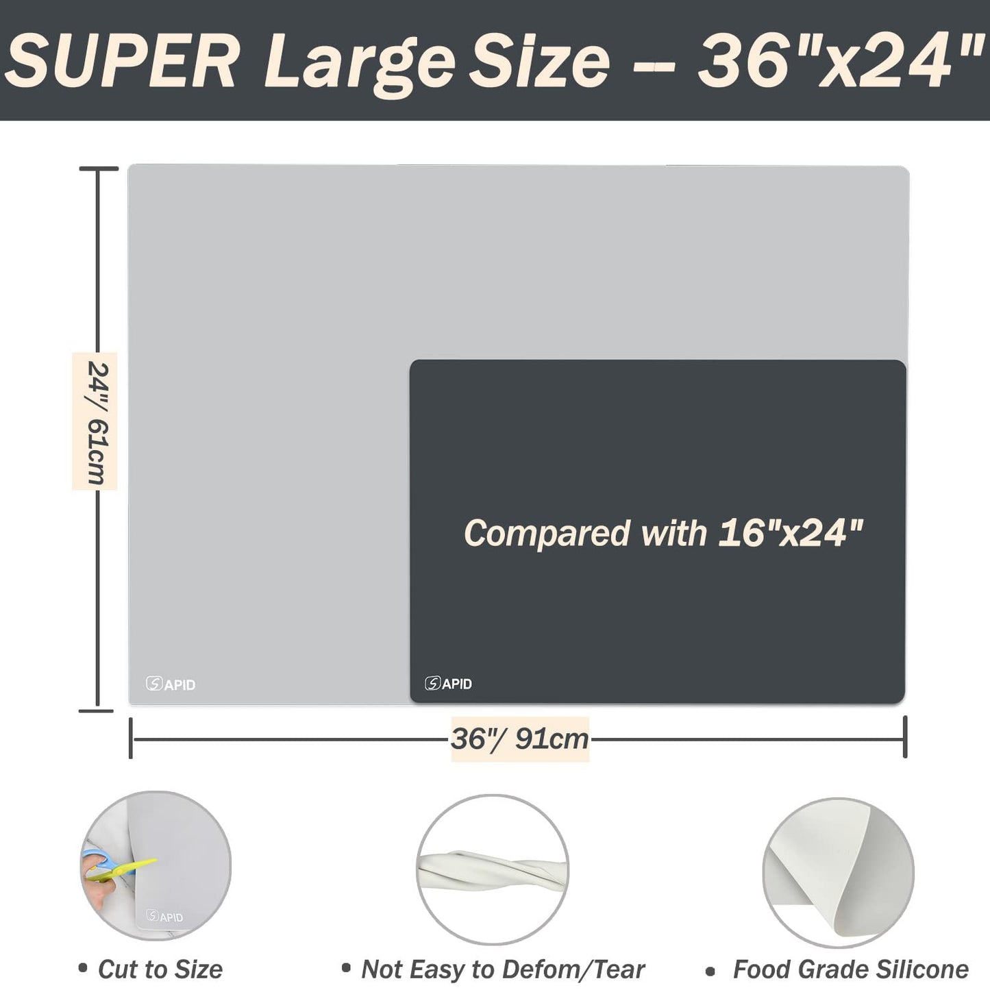 Sapid Extra Large Silicone Mat 36" x 24" Place Mats, Heat Resistant Mat for Kitchen Countertop Protector, Thick Placemats Washable Silicone Mats for Kitchen Counter Mat Dining Table Mat, Grey,