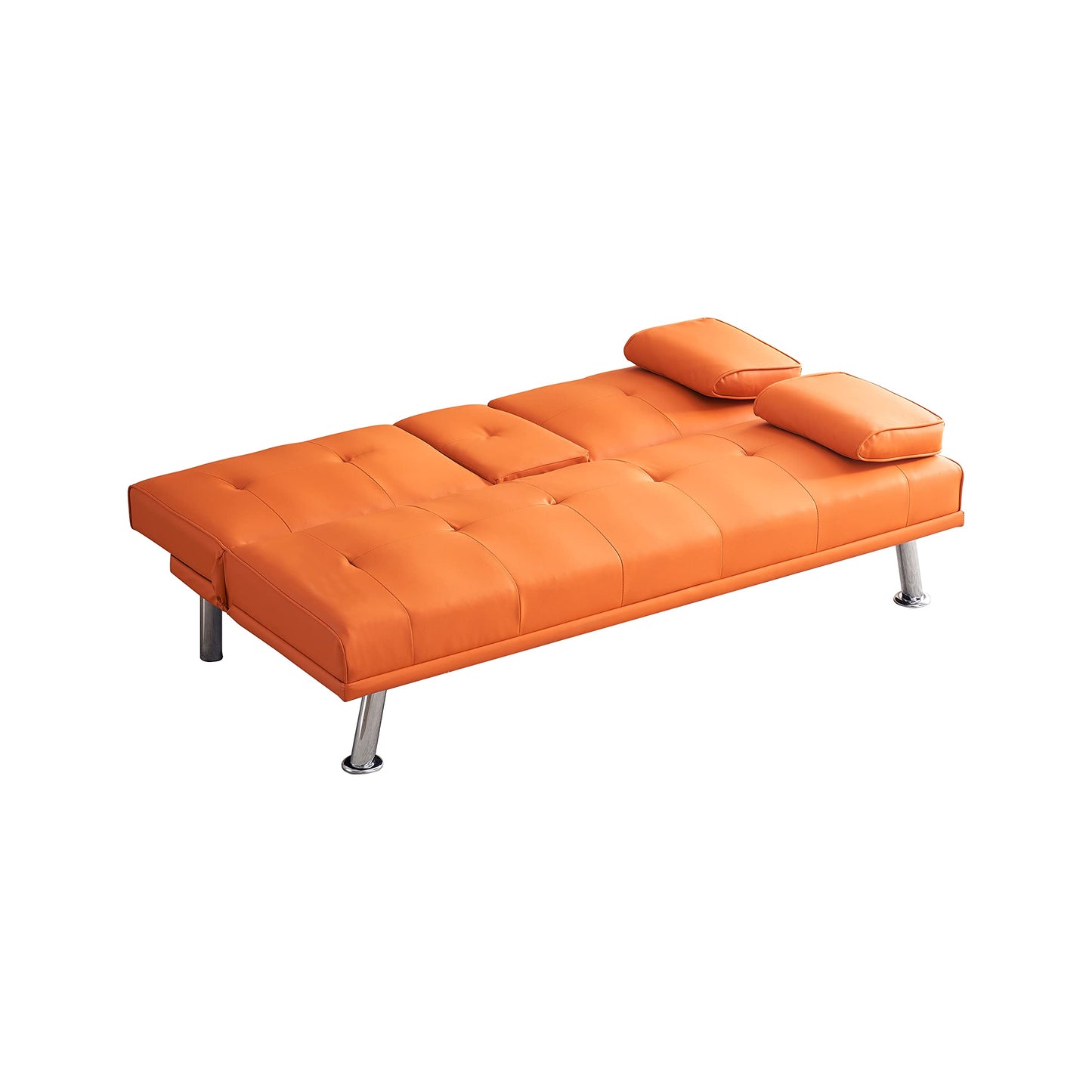 KEIKI 67" Leather Folding Futon Sofa w/Cup Holder & Adjustable Backrest, Mid Century Modern Couch Loveseat Convertible to Sleeper Bed, Comfy Cloud Couch SofaBed for Living Room & Bedroom, Orange
