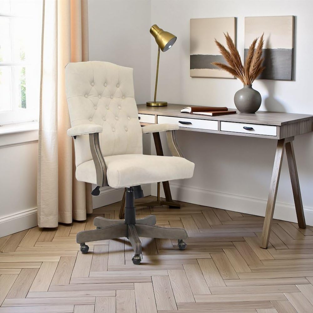 Starlight Canyon Home Tufted Executive Desk Seating in Champagne Faux Leather, Elegant Rolling Office Solution with Classic Wingback