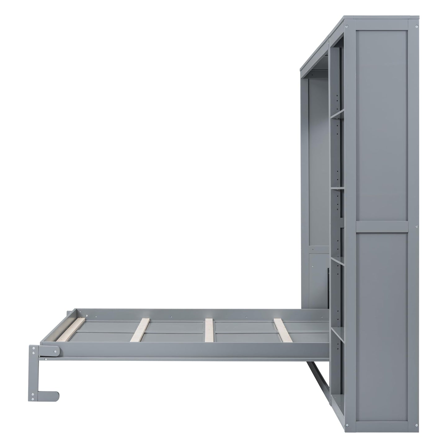 Merax Space-Saving Gray Murphy Bed Queen Size with Adjustable Storage Shelves, Multifunctional Foldable Wall Bed for Small Spaces Studio Study Office Guest Room