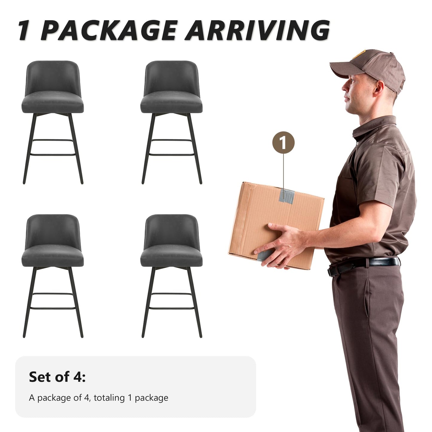 Coolazy Counter Height Bar Stools Set of 4,360° Swivel Faux Leather Barstools with High Back 26" H Seat Height (Faux Leather-Grey, 4 Pieces - 26" Counter Height)