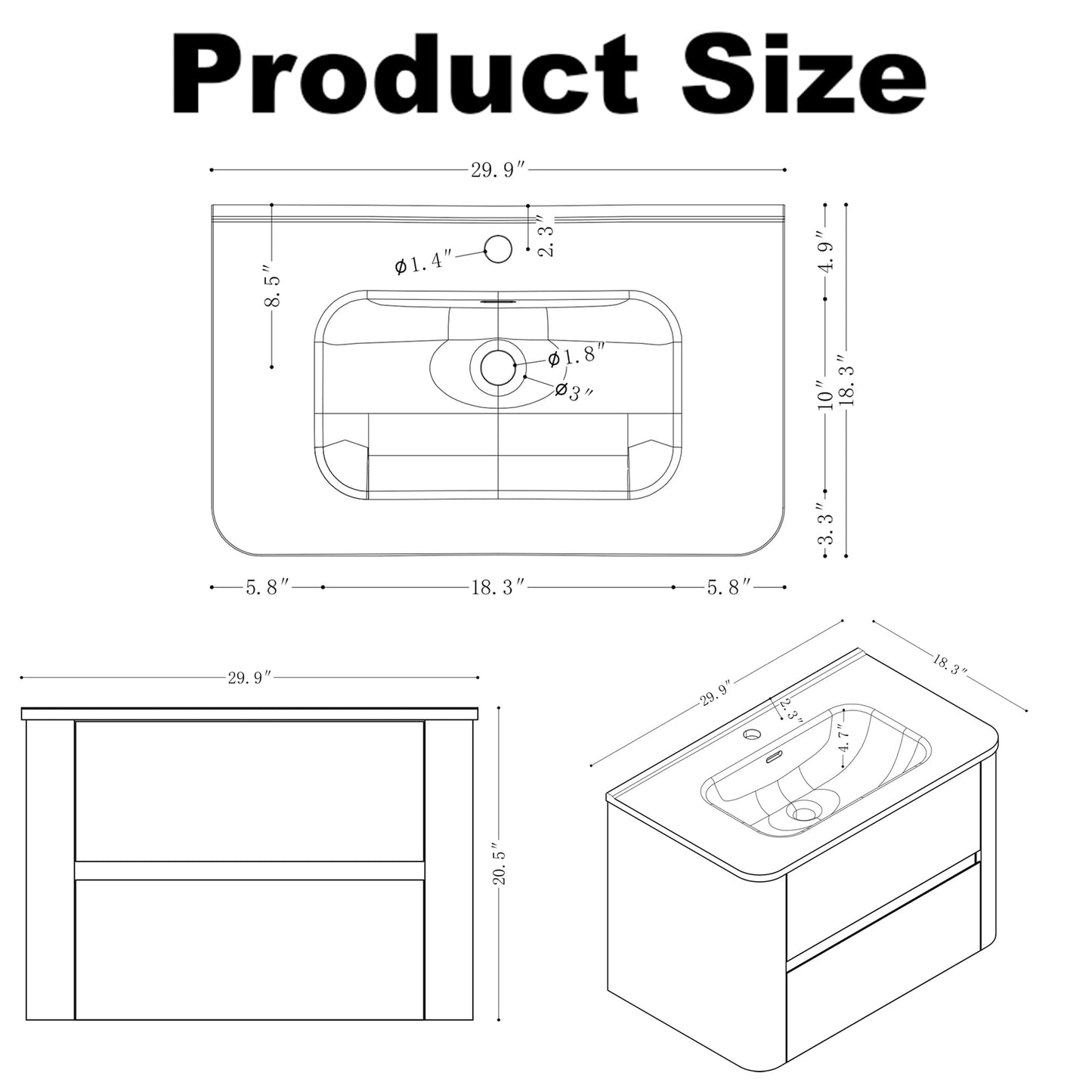 GDFStudio 30" Wall Mounted Bathroom Vanity with Sink,Floating MDF Cabinet with Soft-Close Double Drawers,Vanity with White Ceramic Integrated Basin, Modern Space-Saving Bathroom Storage,Dark Walnut