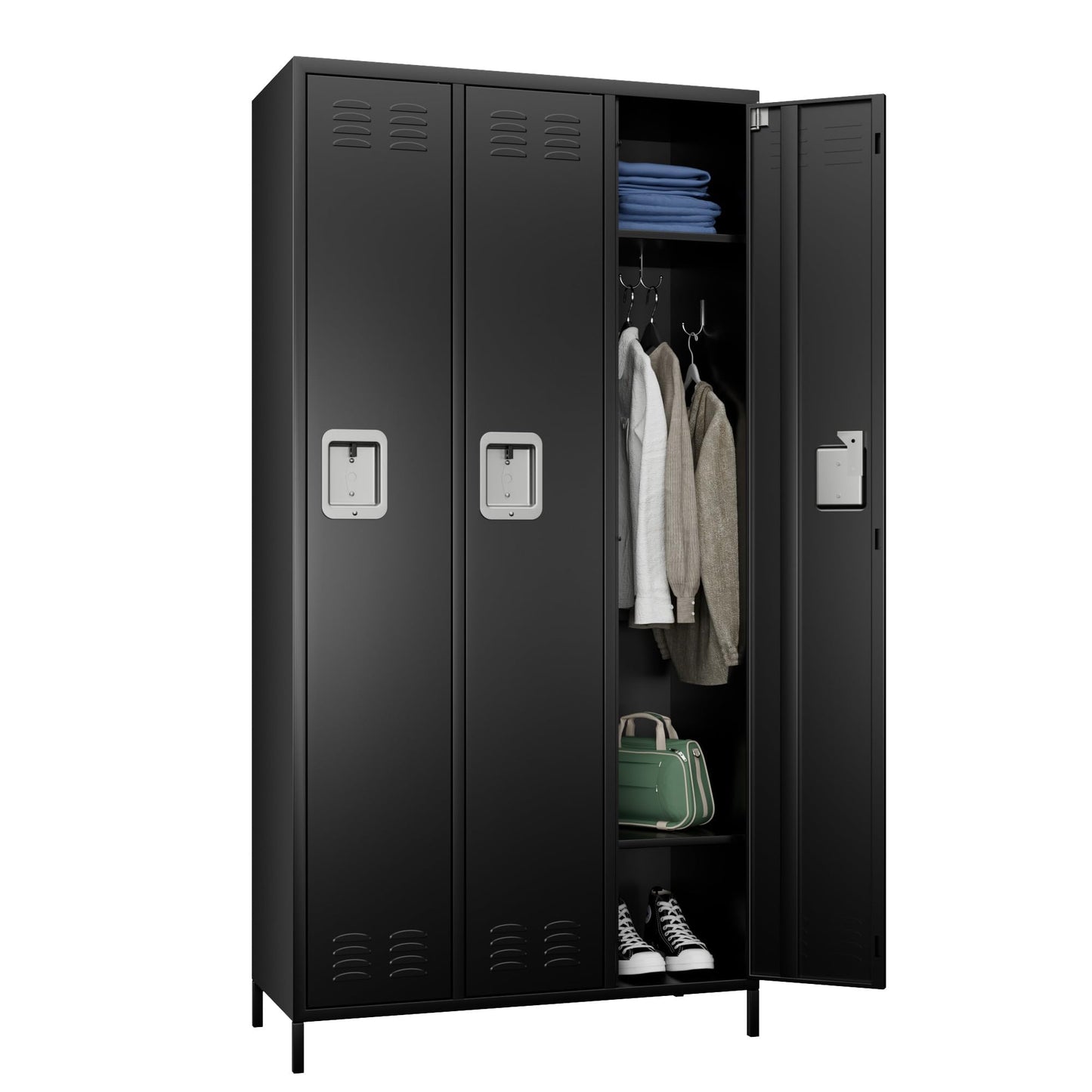 METALYEYE 3 Doors Metal Storage Lockers for Employees, Industrial Steel Locker with 9 Hooks for Gym,School,Garage,Office,Assembly Required,Black