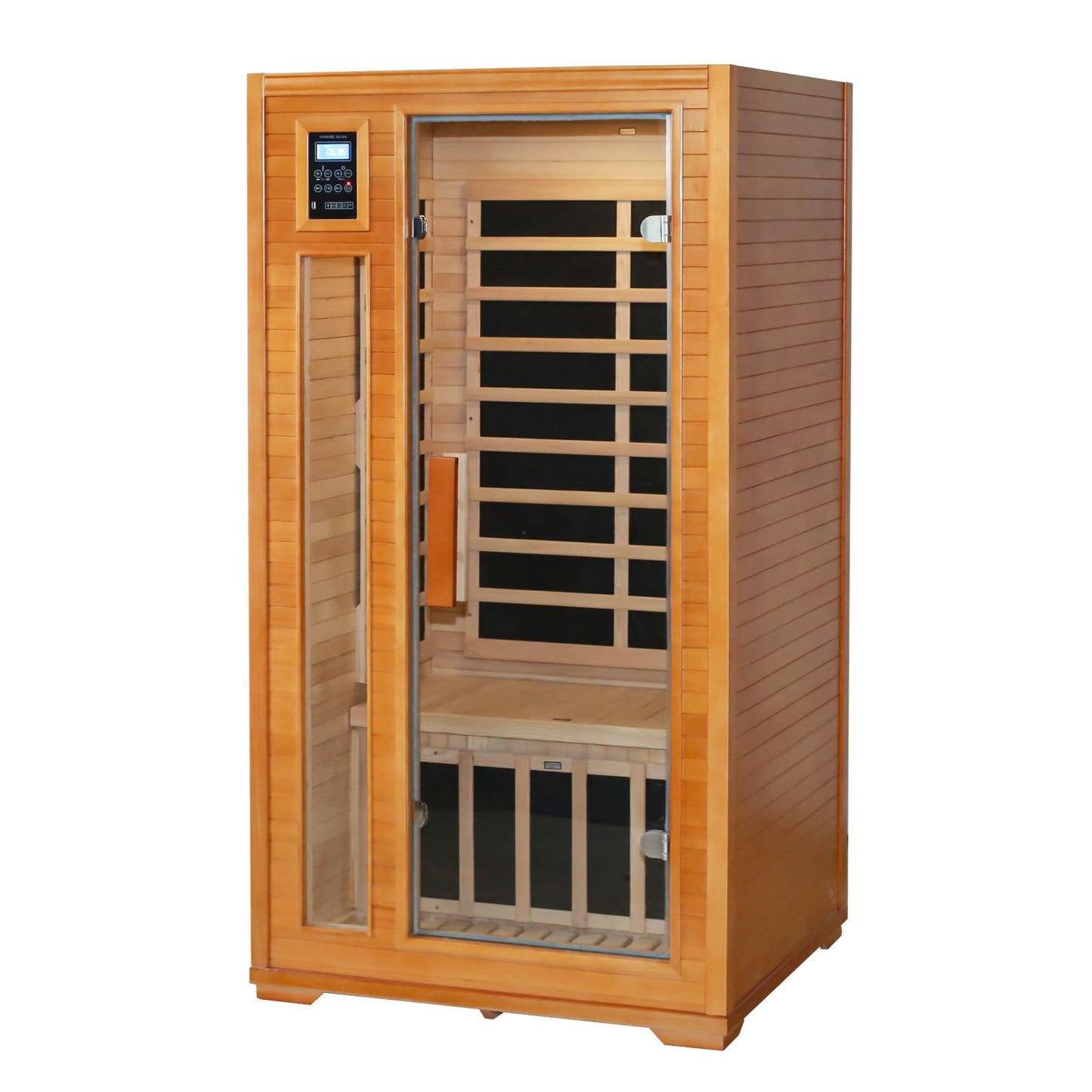 EAGLE PEAK 1-2 Person Low EMF Far Infrared Sauna, Red Light and Chromotherapy Lighting, Bluetooth Speakers, USB Port, Indoor Dry Heat Sauna, Canadian Hemlock Wood, Brown