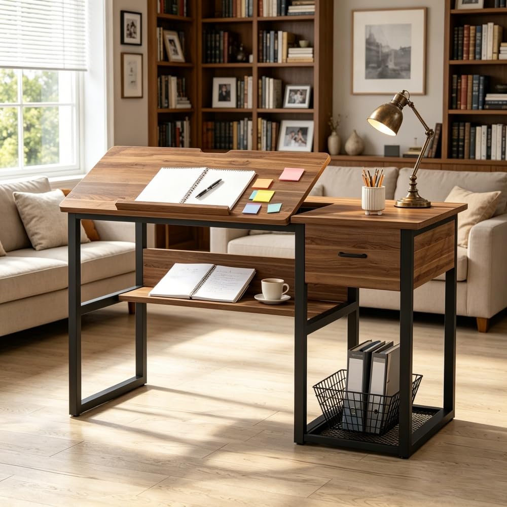 Drafting Table with Adjustable Drawing Board, Storage Drawer and Shelves, Wood and Metal, 47.24 x 23.62 x 29.53 Inch