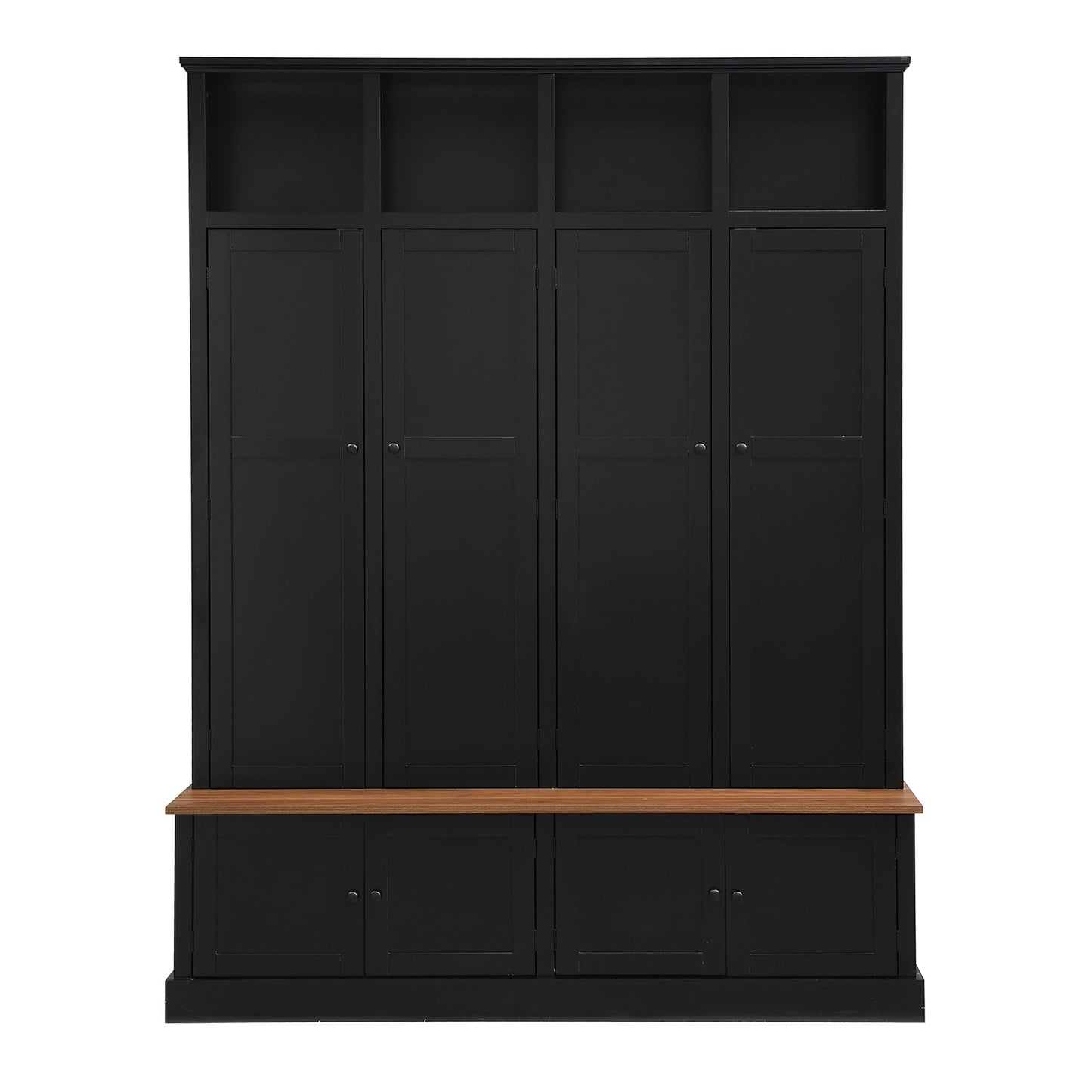 Shaical Hall Tree with Bench and Shoe Storage, 4-in-1 Entryway Bench with Coat Rack & Cabinets, Open Cubbies 4 Hooks, 76.7" H Wooden Storage Organizer for Hallway, Mudroom, Entrance, Black