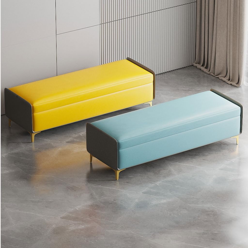 LMMIAMZ Luxury Leather Ottoman Bench Stylish Storage Footrest with Gold Legs Versatile Shoe Cabinet & Hidden Compartment Chic Yellow & Grey Design 100cm