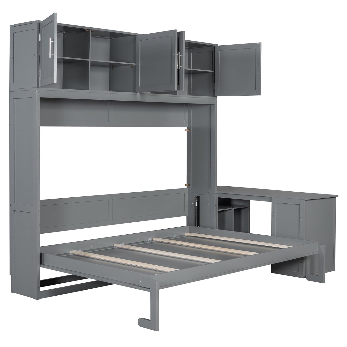 Merax Queen Size Wall Murphy Bed with Desk and Storage Shelves and Big Cabinets for Guest Room, Bed Room, Guest Room, Home Office, Gray