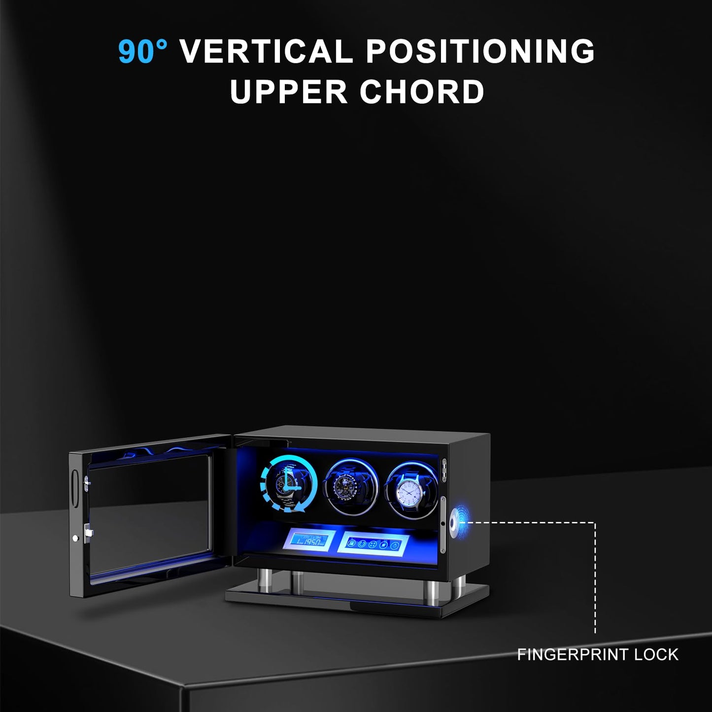 DUKWIN Watch Winder for 3 Automatic Watches,Fingerprint Lock Watch Winders with LCD Touchscreen, Blue LED Light, Remote Control,Adjustable Pillow and Quiet Motor for Universal Watches, 5TPD