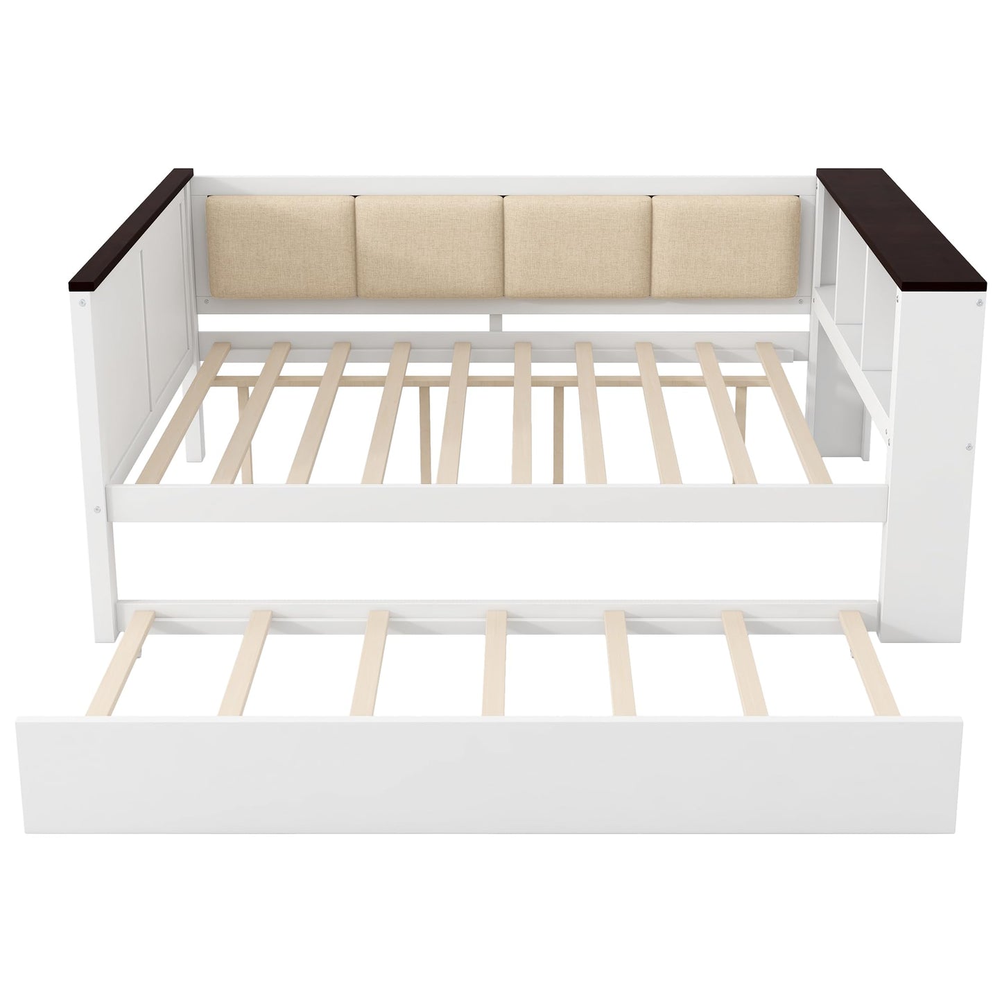 Ball & Cast Daybed with Trundle,Wood Full Size Daybed W/Storage Shelves and Upholstered Backrest & USB,Space Saving,No Box Spring Needed,Bedroom for Student Dorms,White